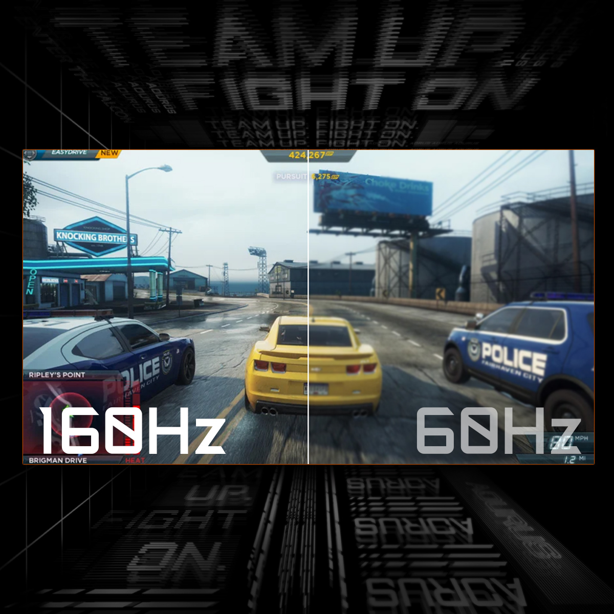 Monitor do gier z podzielonym ekranem, porównanie 160Hz i 60Hz, wyścigi samochodów, info o grze.