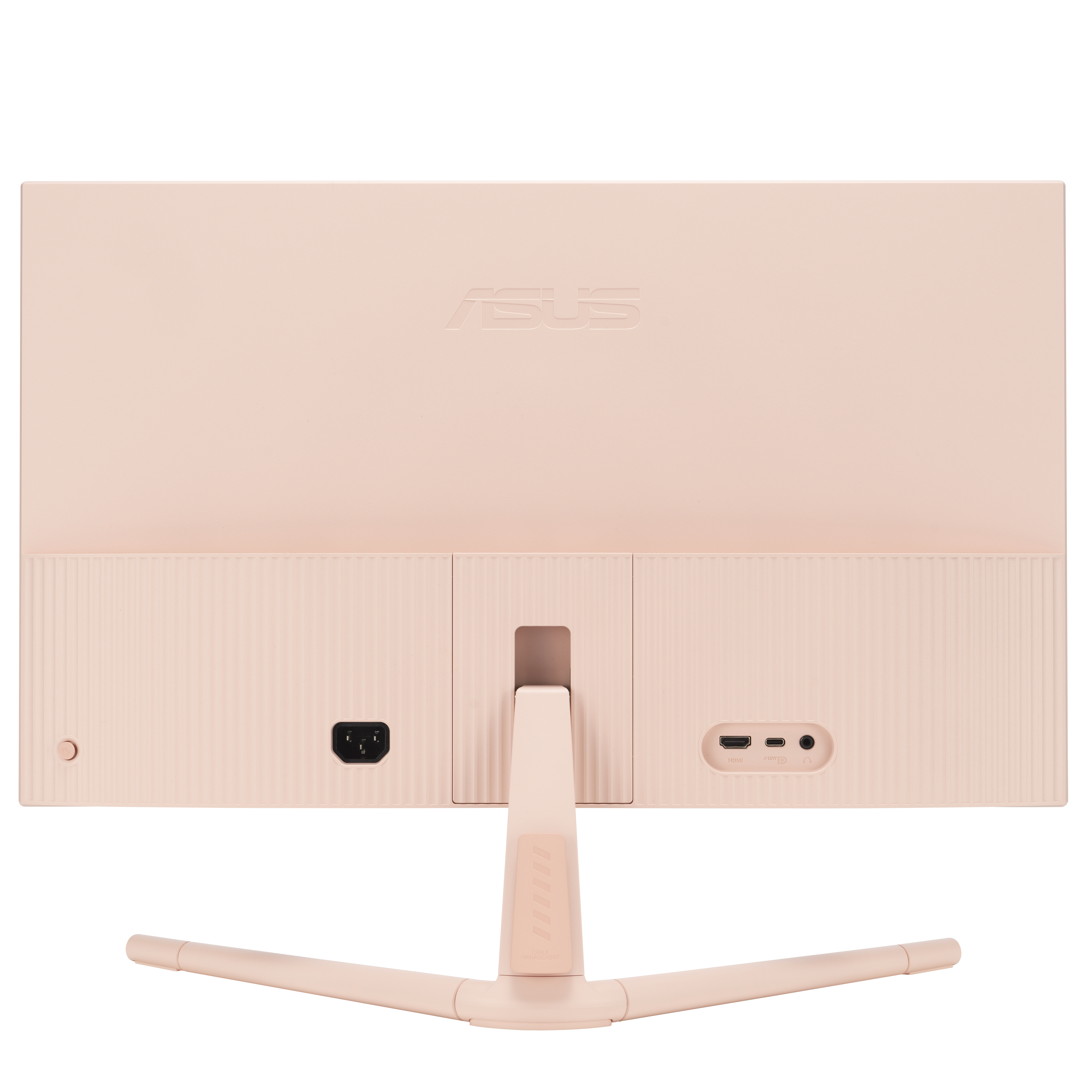 Ein rosa Computermonitor, Rückansicht, mit Ständer und Anschlüssen.