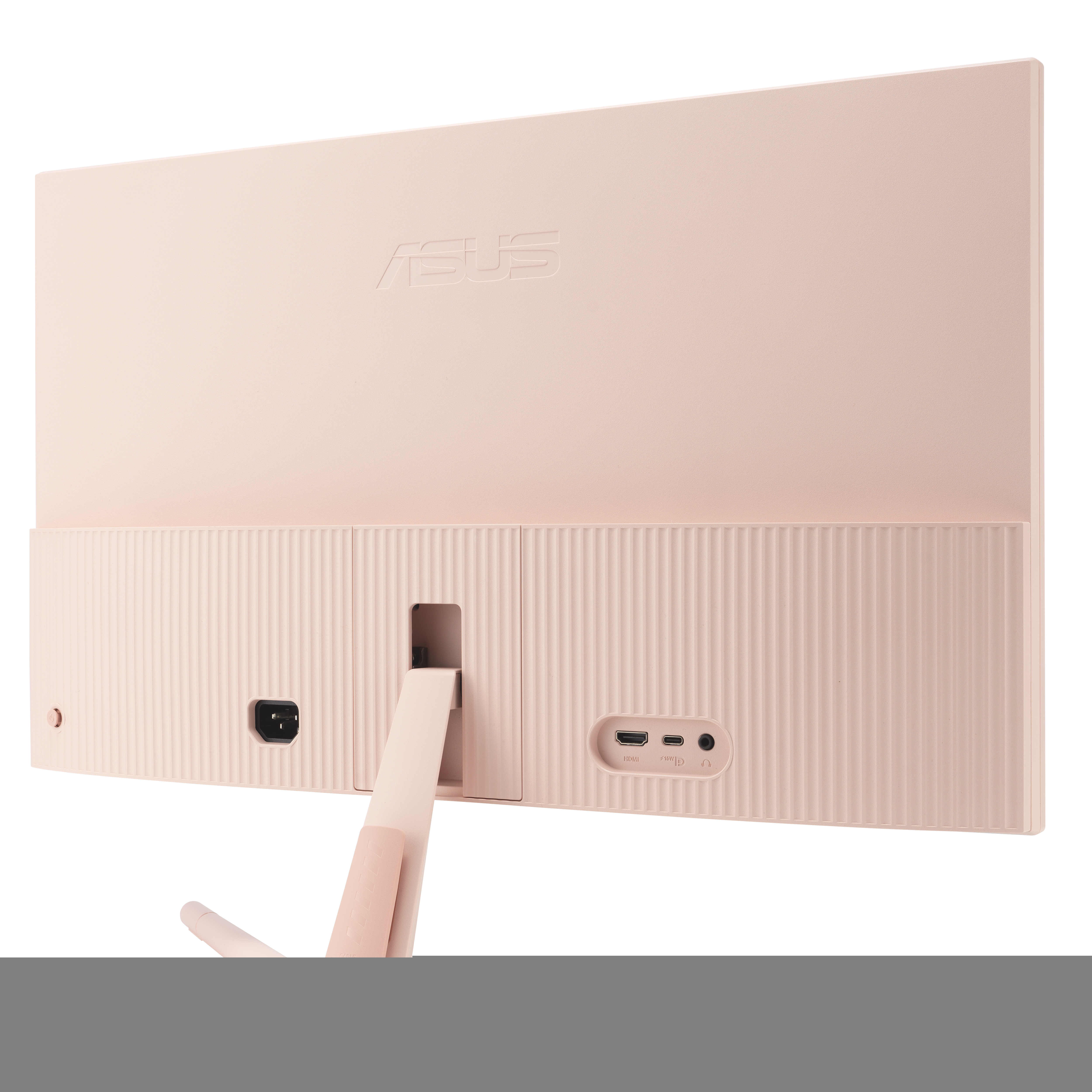 Die Rückseite eines rosa ASUS-Monitors mit Anschlüssen und einem Ständer.