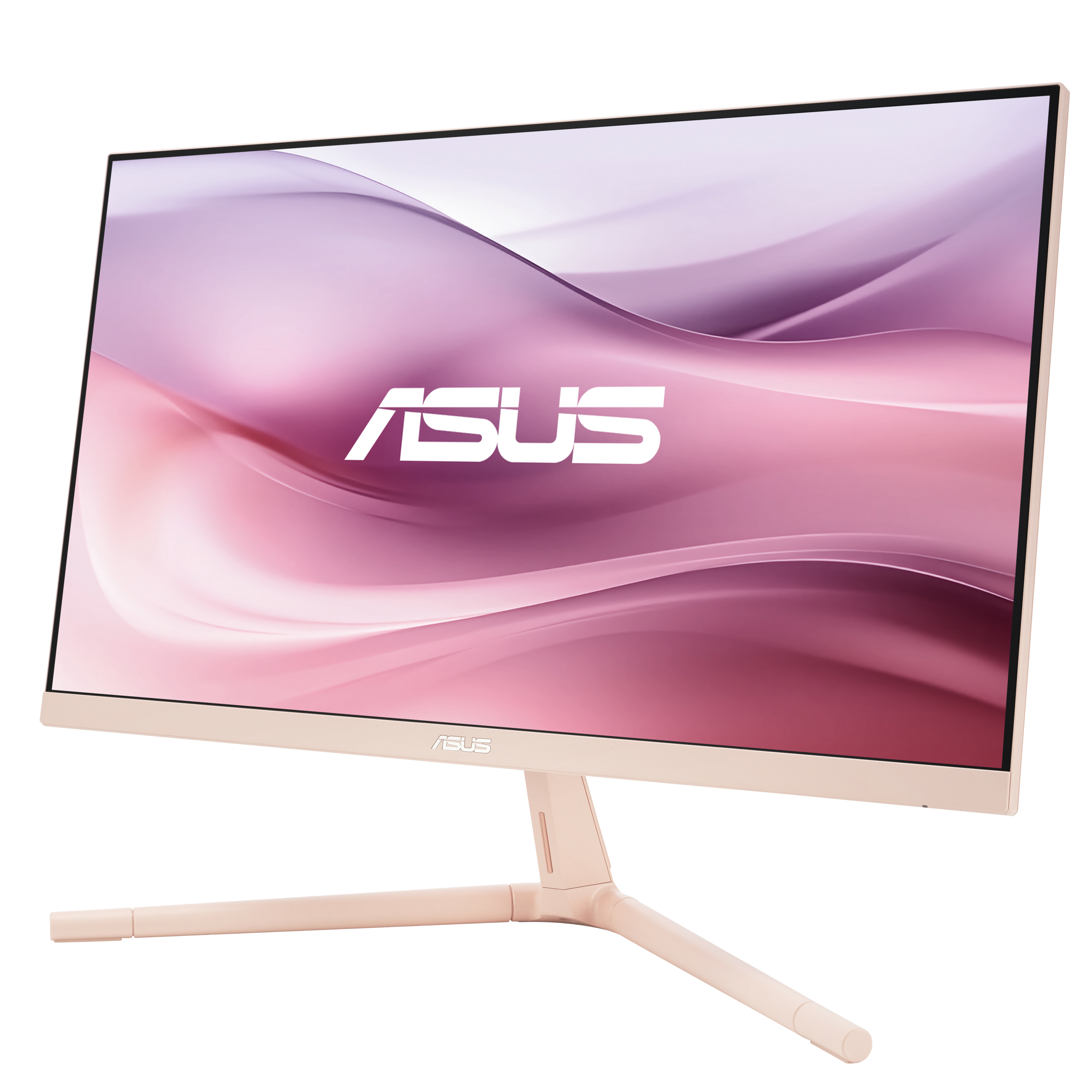 Rosa ASUS-Monitor mit weißem Logo auf dem Bildschirm und passendem Ständer.