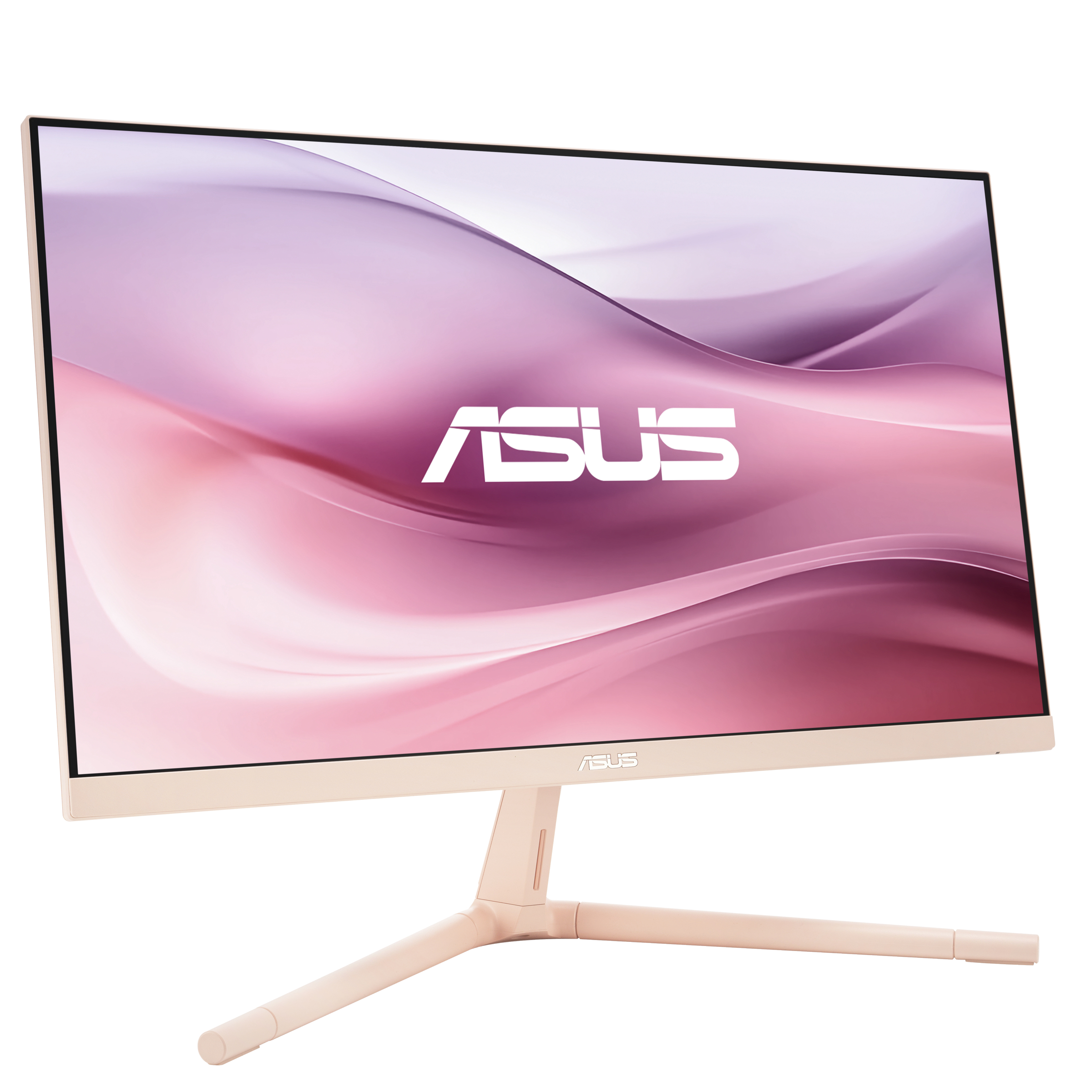 Asus-Monitor. Hellrosa Rahmen und Ständer. Anzeige zeigt einen abstrakten Hintergrund in Rosa und Lila.