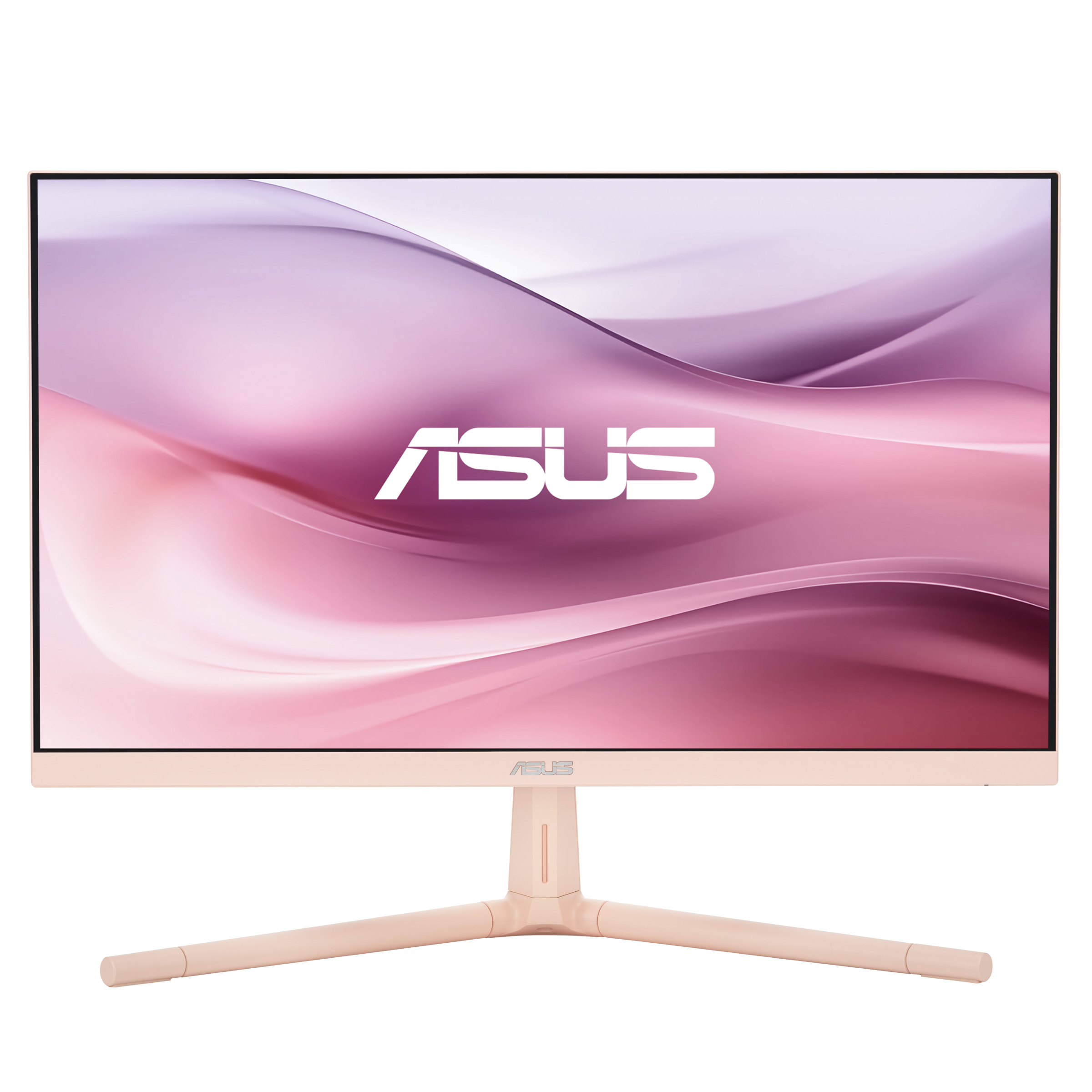 Rosa ASUS Monitor mit rosa abstraktem Hintergrund und passendem Ständer, isoliert auf Weiß.