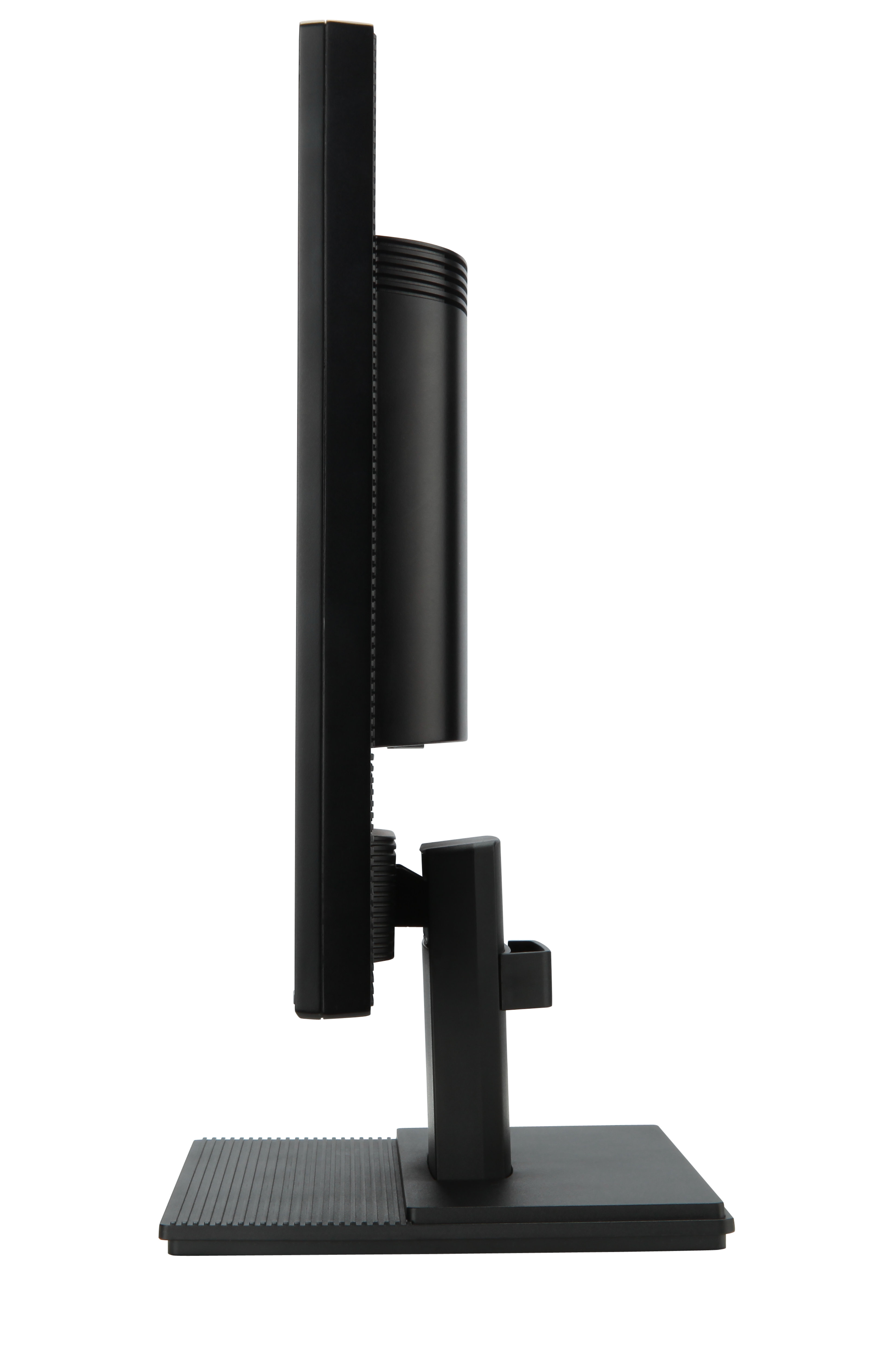 Widok z boku czarnego monitora komputera na białym tle.