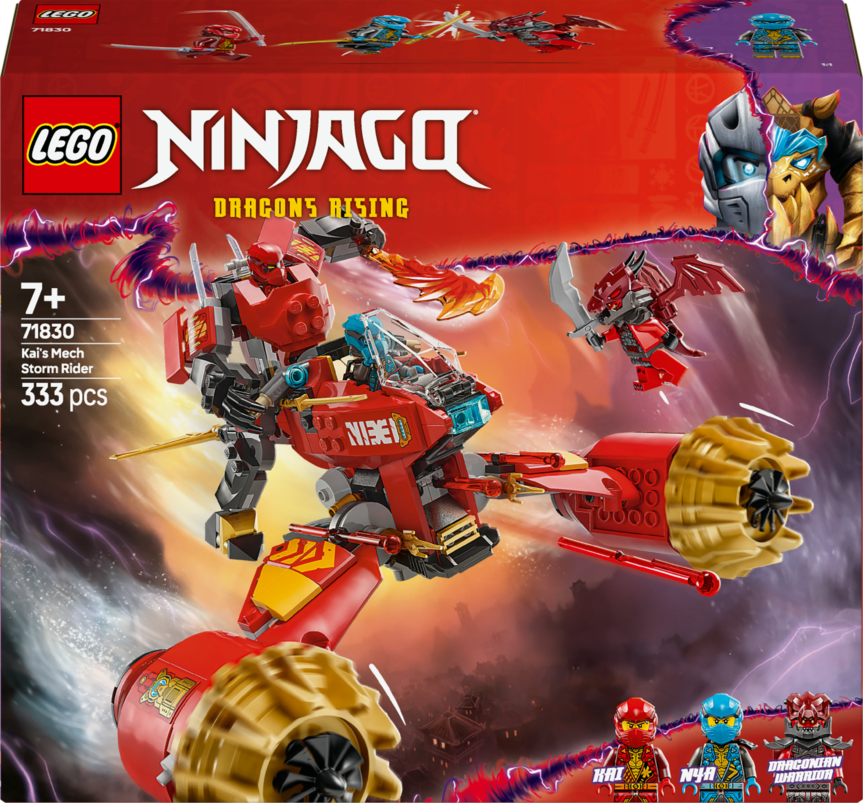 Una caja del set LEGO Ninjago muestra un robot rojo y negro con un jet rojo.