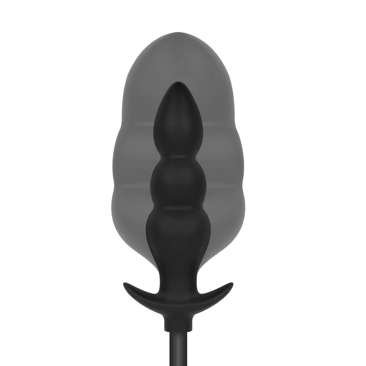 Schwarzer Anus-Plug mit ausgestelltem Sockel und geriffeltem Schaft, vor grauem Hintergrund.