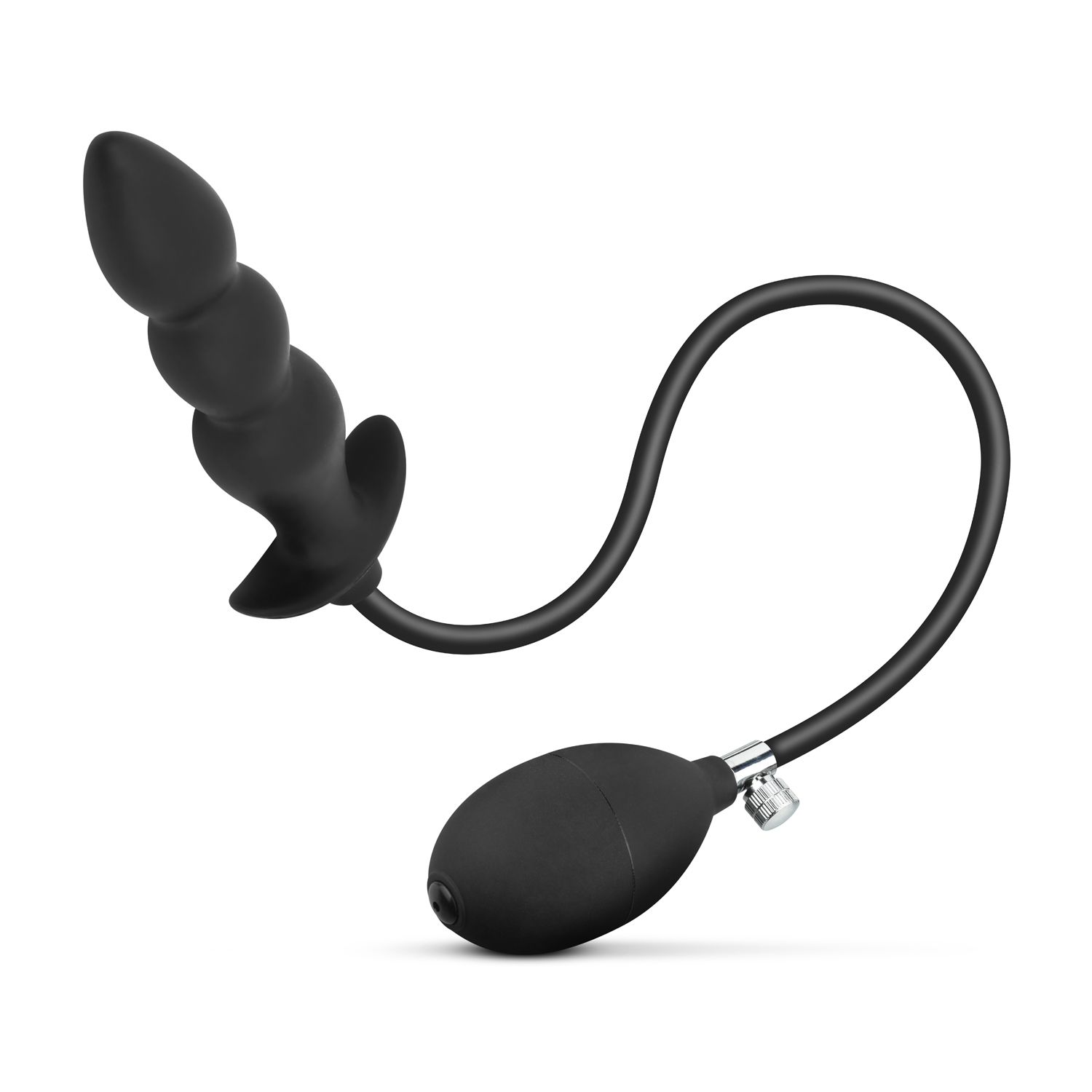 Ein schwarzes Sexspielzeug mit geschwungenem Design und Pumpe, isoliert auf weißem Hintergrund.