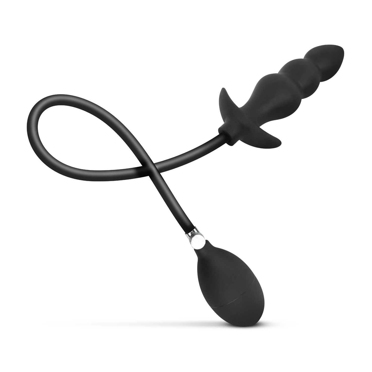 Ein schwarzer Analplug mit gebogenem Stiel und birnenförmigem Ende.