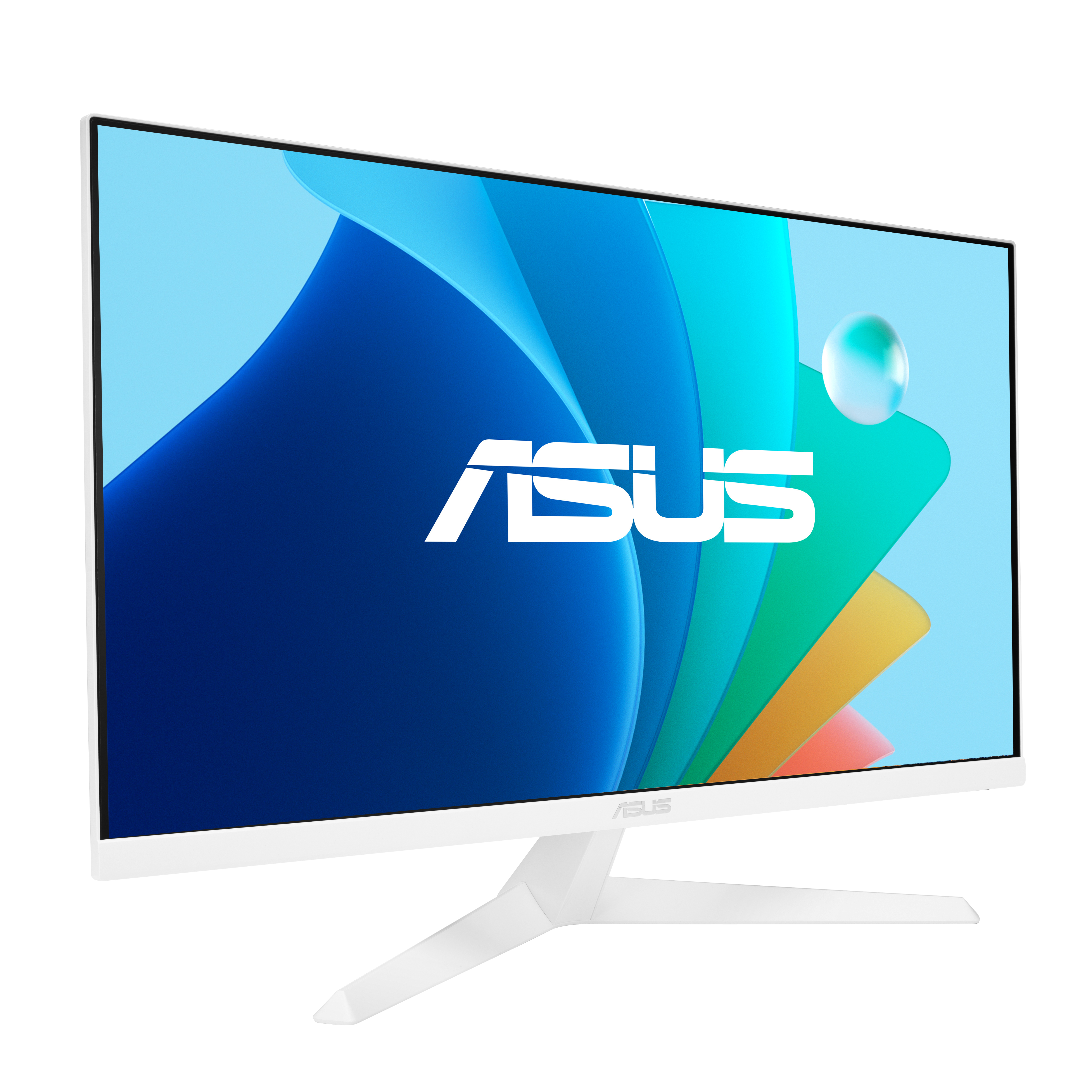 Witte ASUS monitor met een gebogen scherm met een blauw en groen abstract ontwerp.