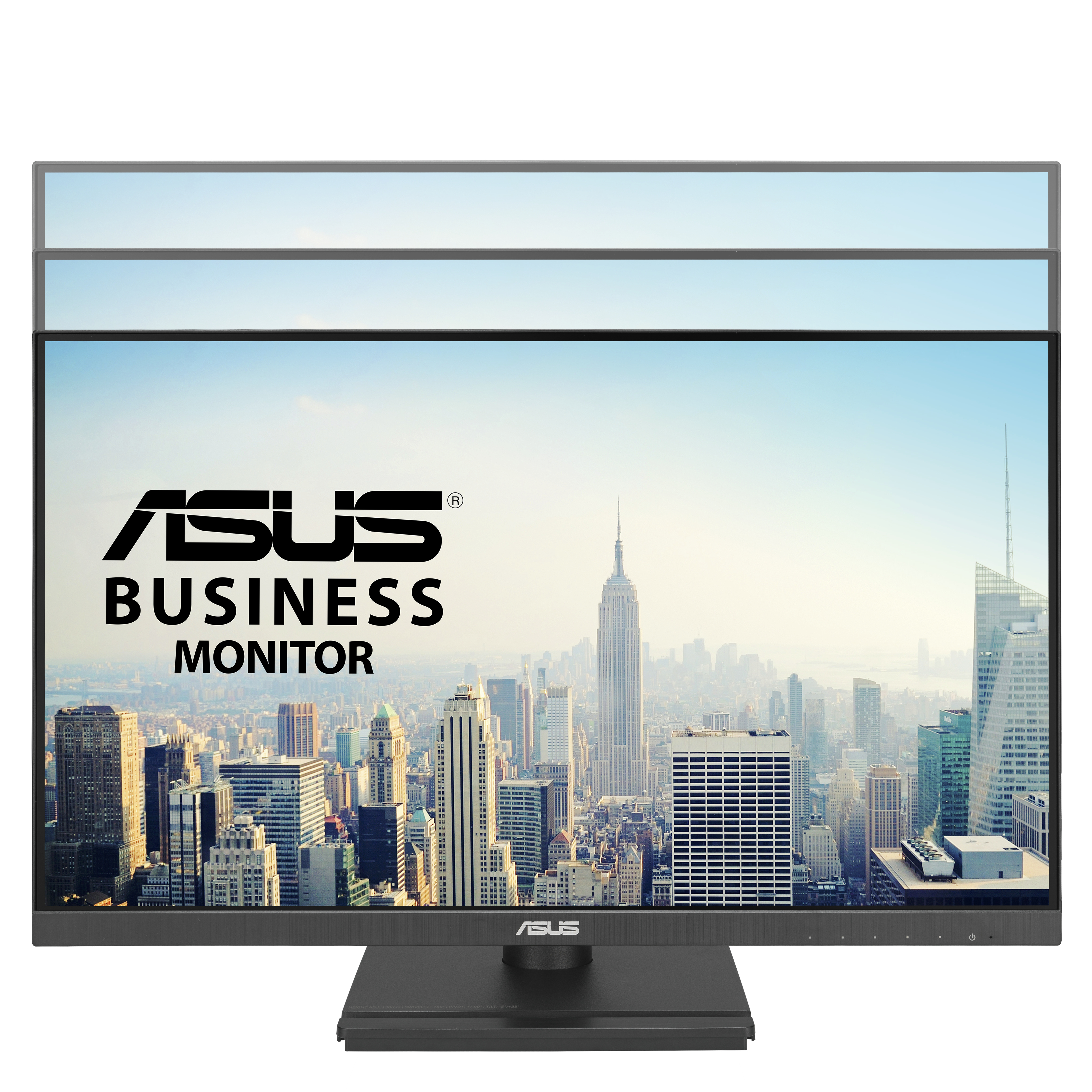Monitor ASUS Business wyświetlający panoramę miasta na tle błękitnego nieba.