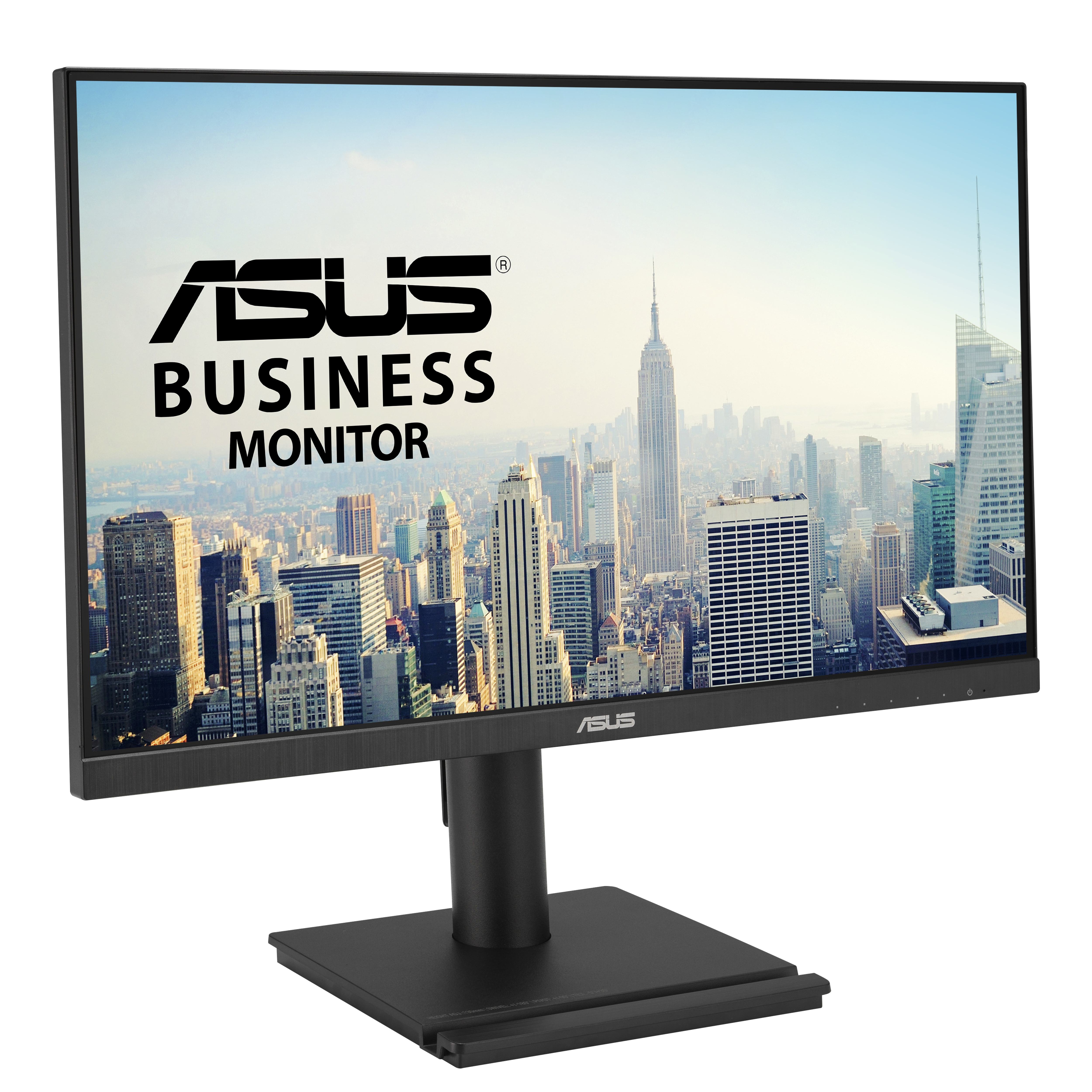Monitor ASUS Business, tło miasta, czarna ramka i podstawa, widok z boku.
