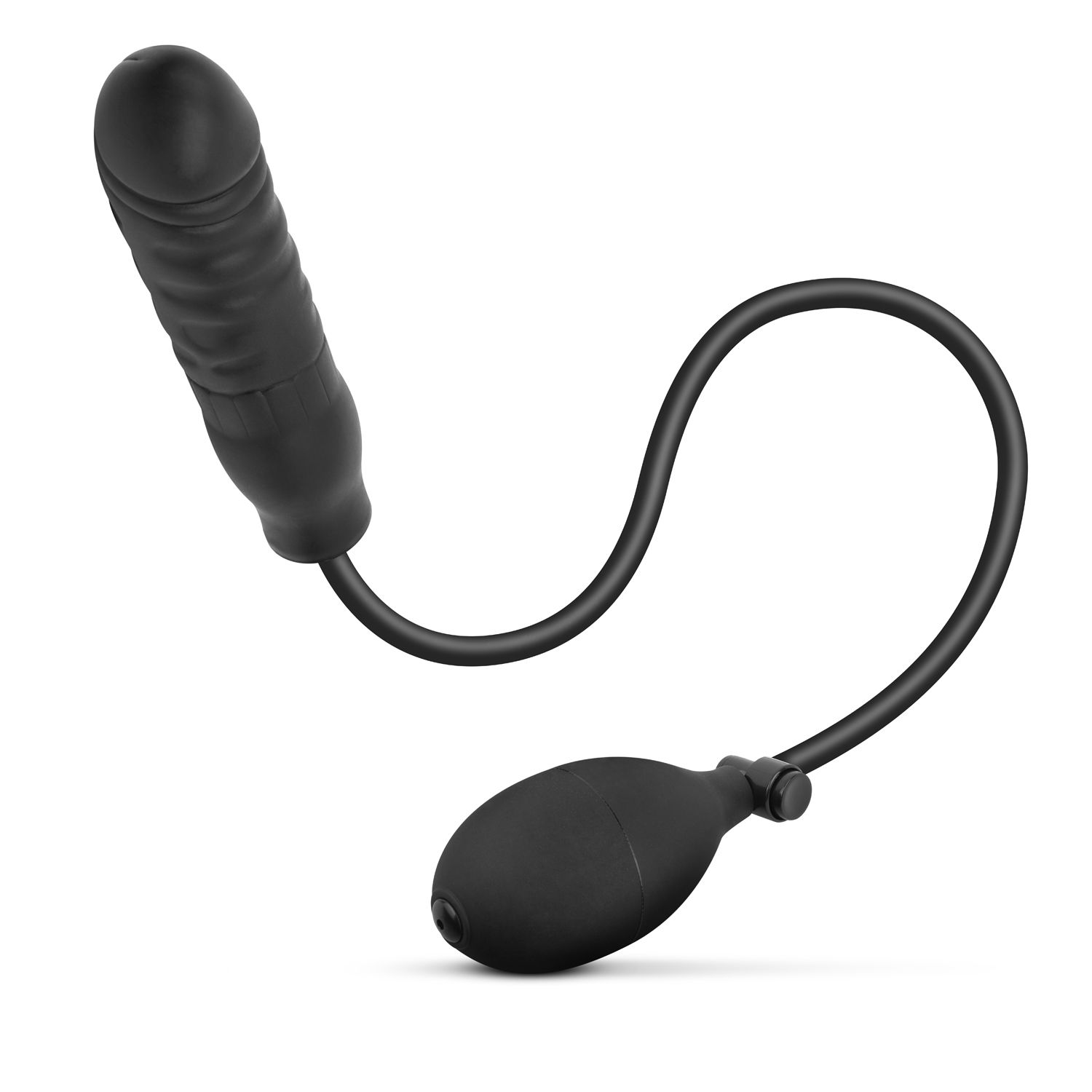 Schwarze Penis-Pumpe mit Schlauch und Ball, isoliert vor weißem Hintergrund.