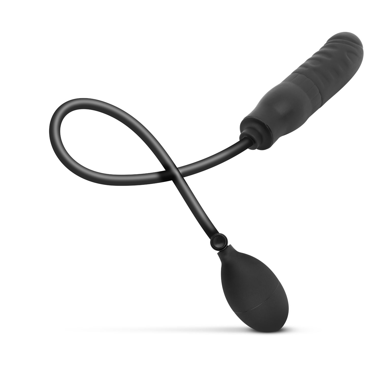 Schwarze Anuspumpe auf weißem Hintergrund. Sie hat einen Ball und ein langes Rohr.