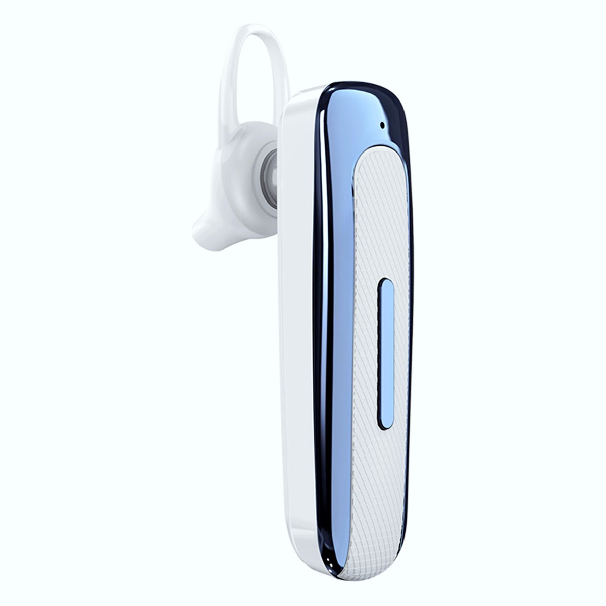 Weiß-blaues Bluetooth-Headset. Es hat ein langes Design mit einem gebogenen Ohrhaken.
