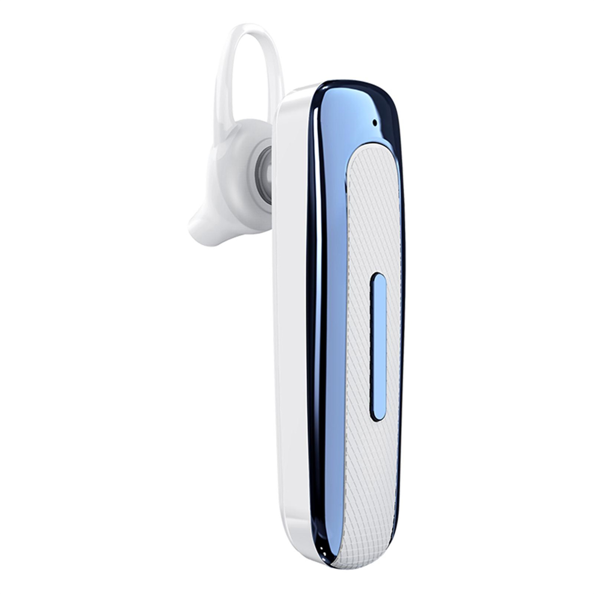 Weißes und blaues Bluetooth-Headset, für den Ohrgebrauch konzipiert, isoliert auf weißem Hintergrund.
