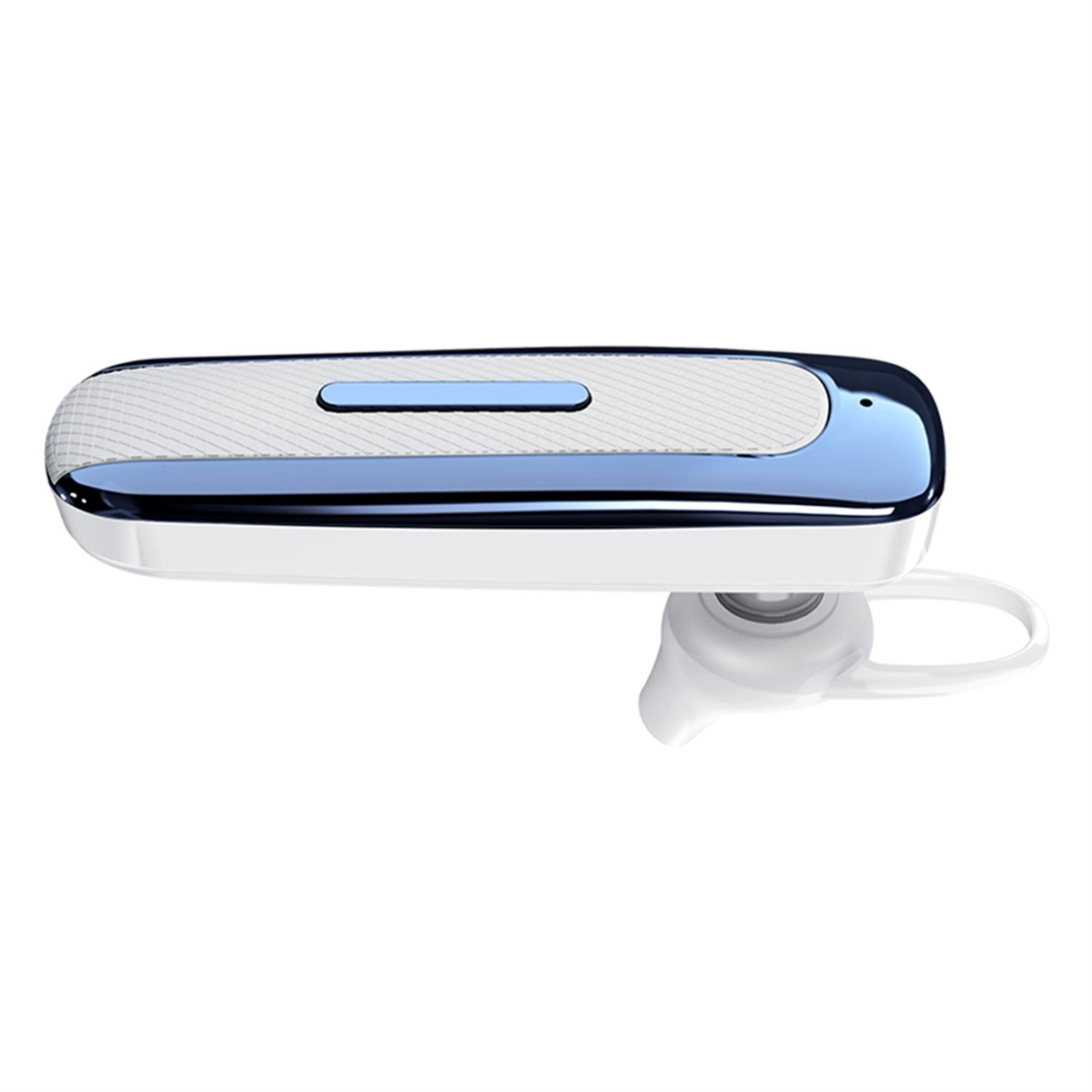 Weißes und blaues Bluetooth-Headset. Es ist ein langes, schlankes Design mit einem weißen Ohrhörer.