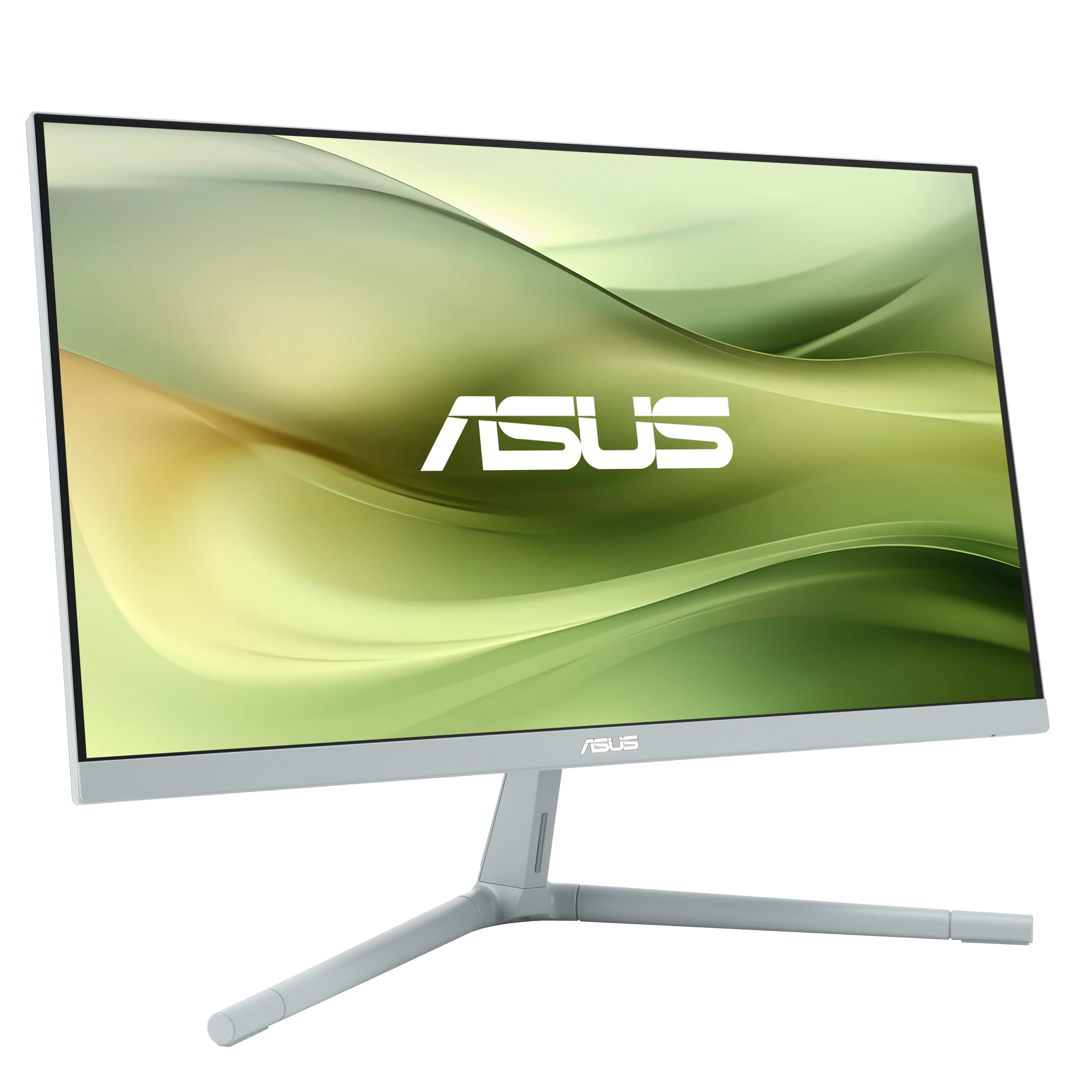 Srebrny monitor ASUS, widok z boku, zielono-żółte tło.