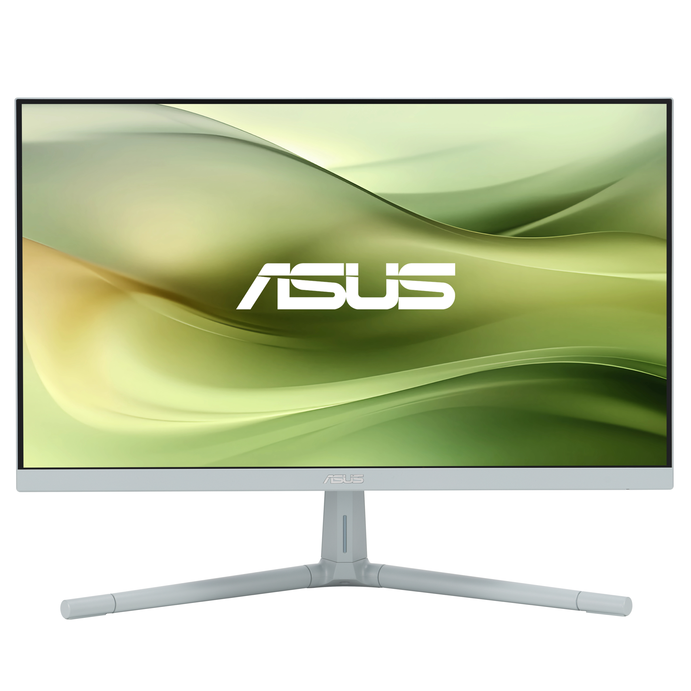 Monitor ASUS z jasnym zielono-białym tłem, białe logo ASUS.