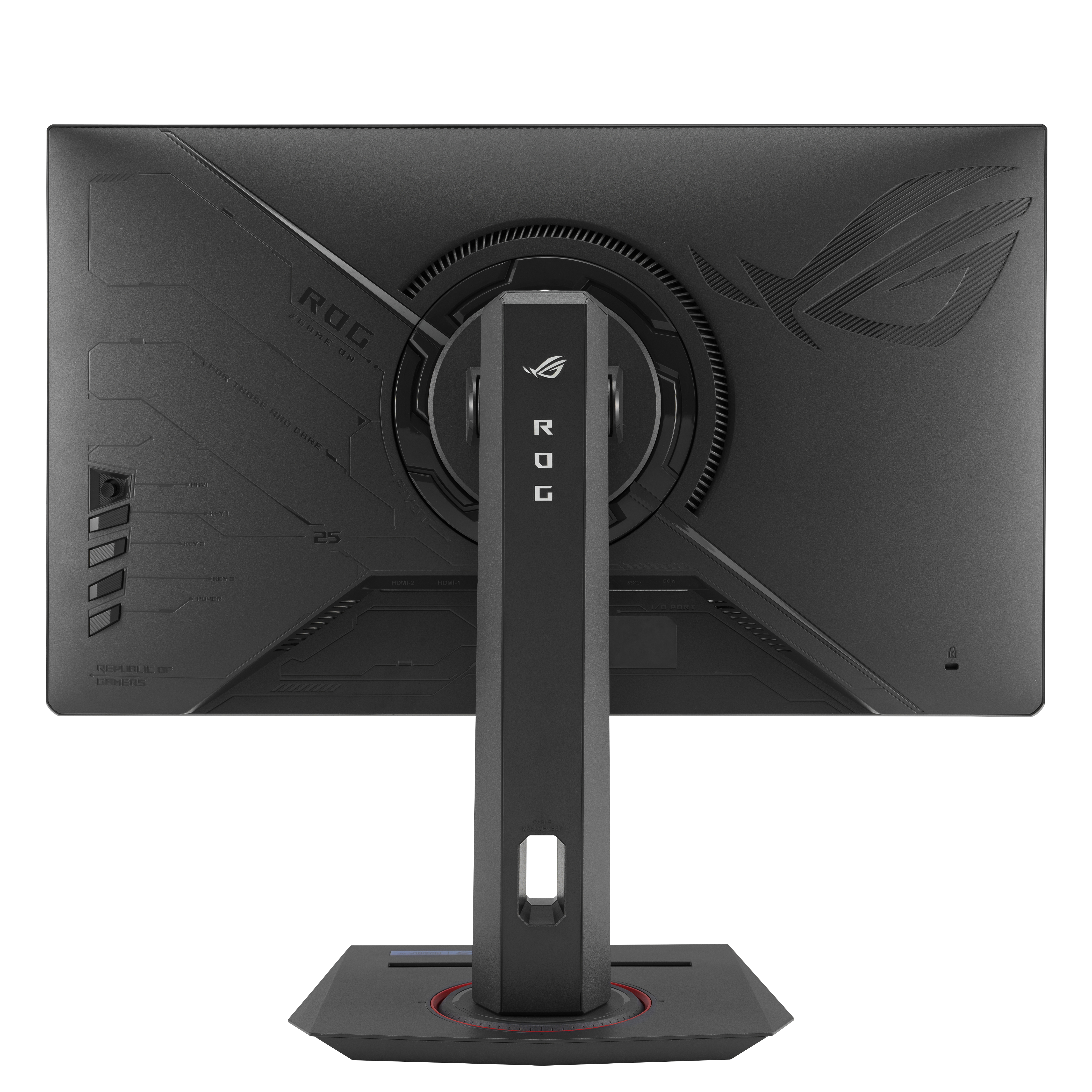 Moniteur noir avec support, le dos a un motif.