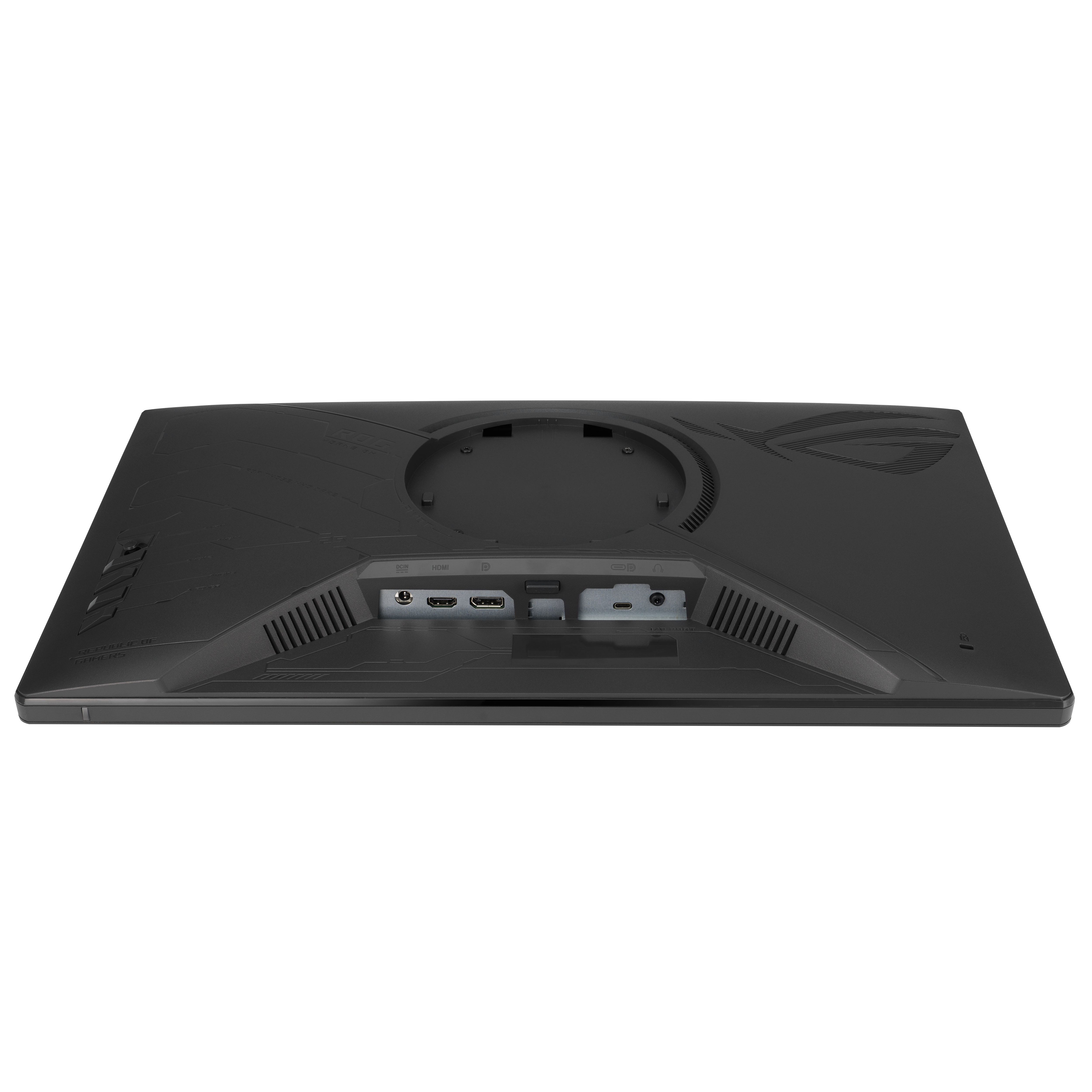Arrière d'un moniteur noir avec ports et support.