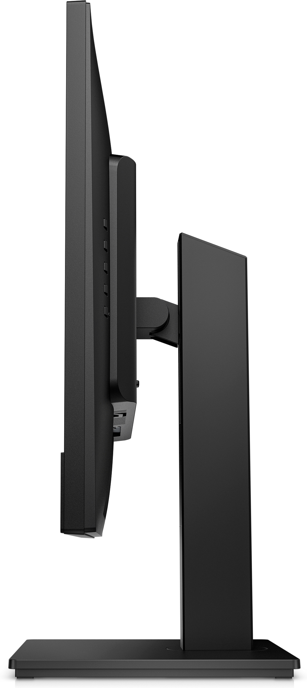 Widok z boku czarnego monitora z podstawą. Ekran jest wyłączony.