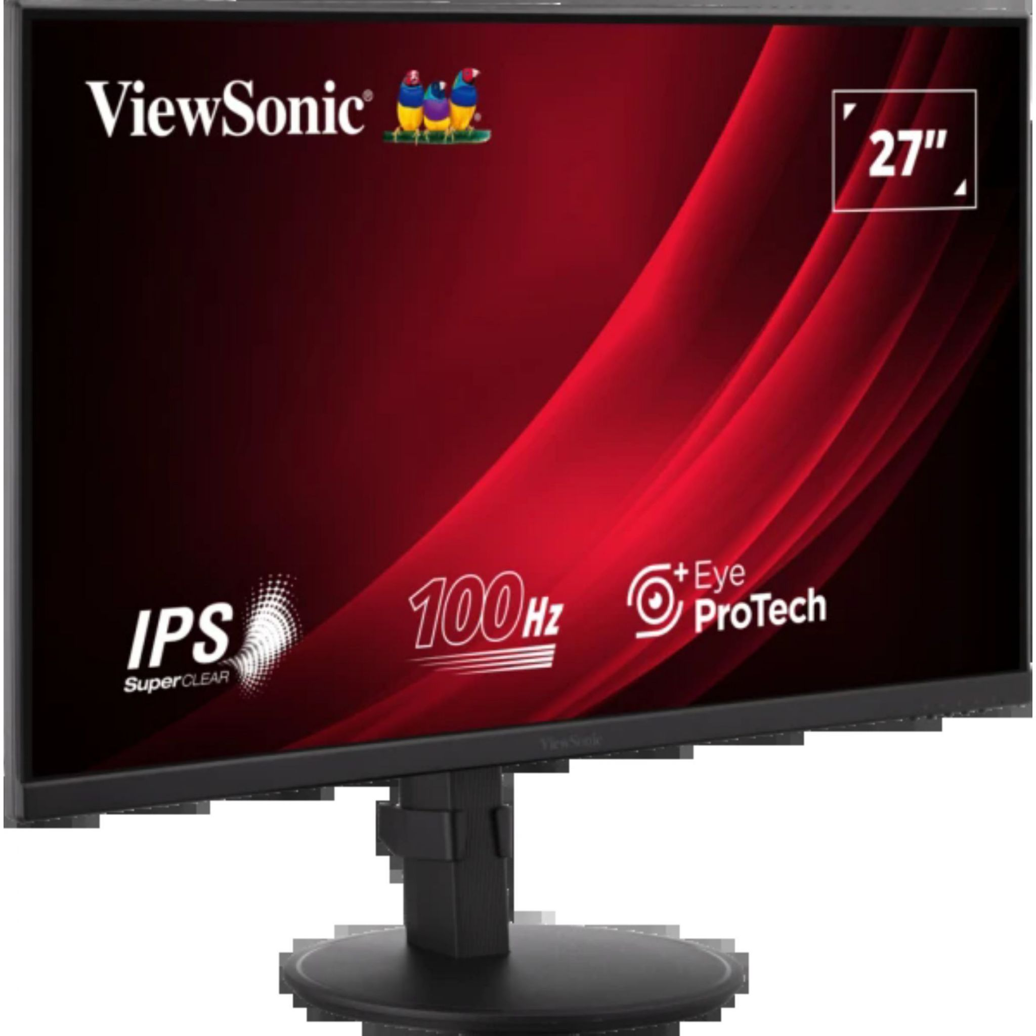 Un monitor ViewSonic con sfondo rosso e nero, che mostra 27" e 100Hz.