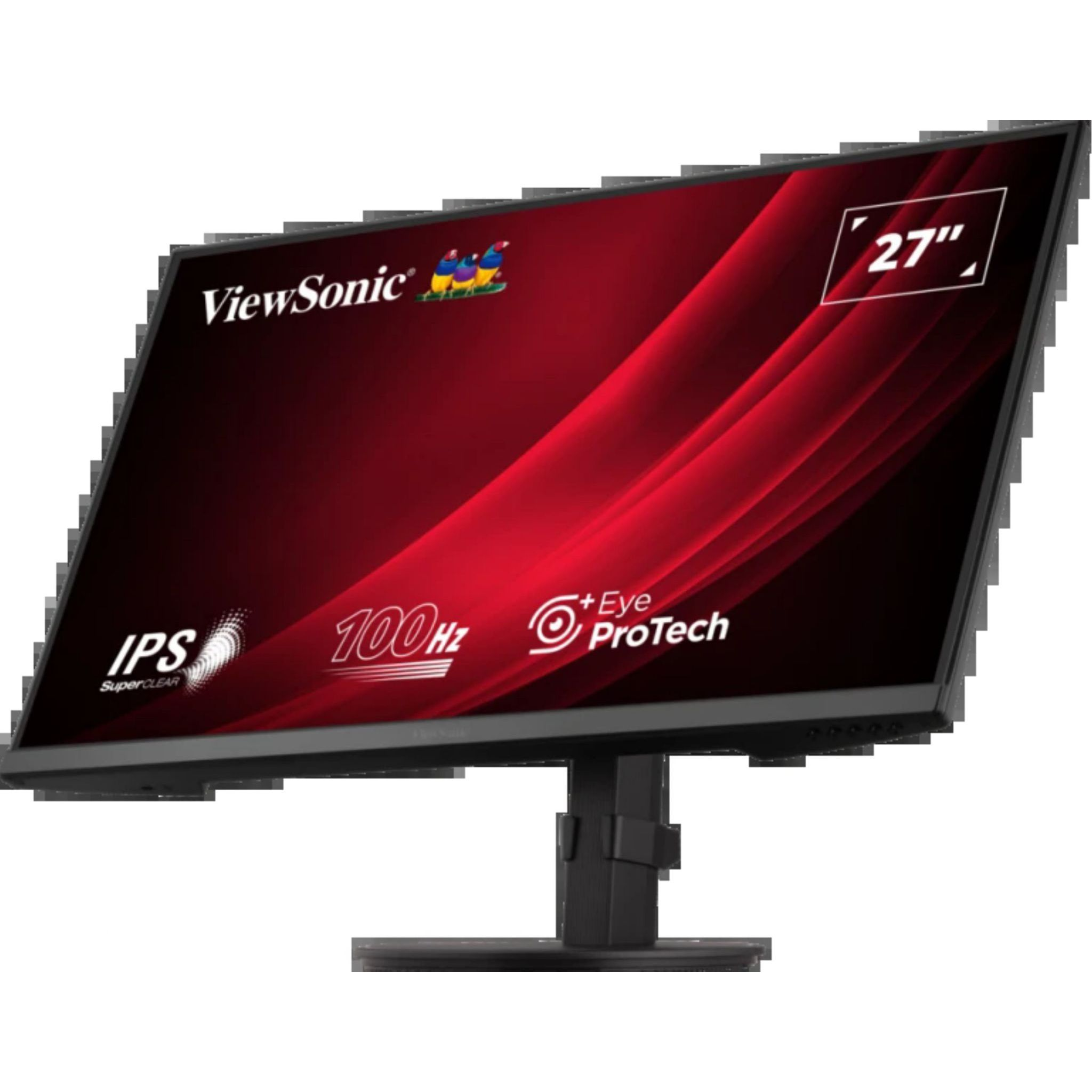Monitor ViewSonic con schermo rosso, cornice e supporto neri.