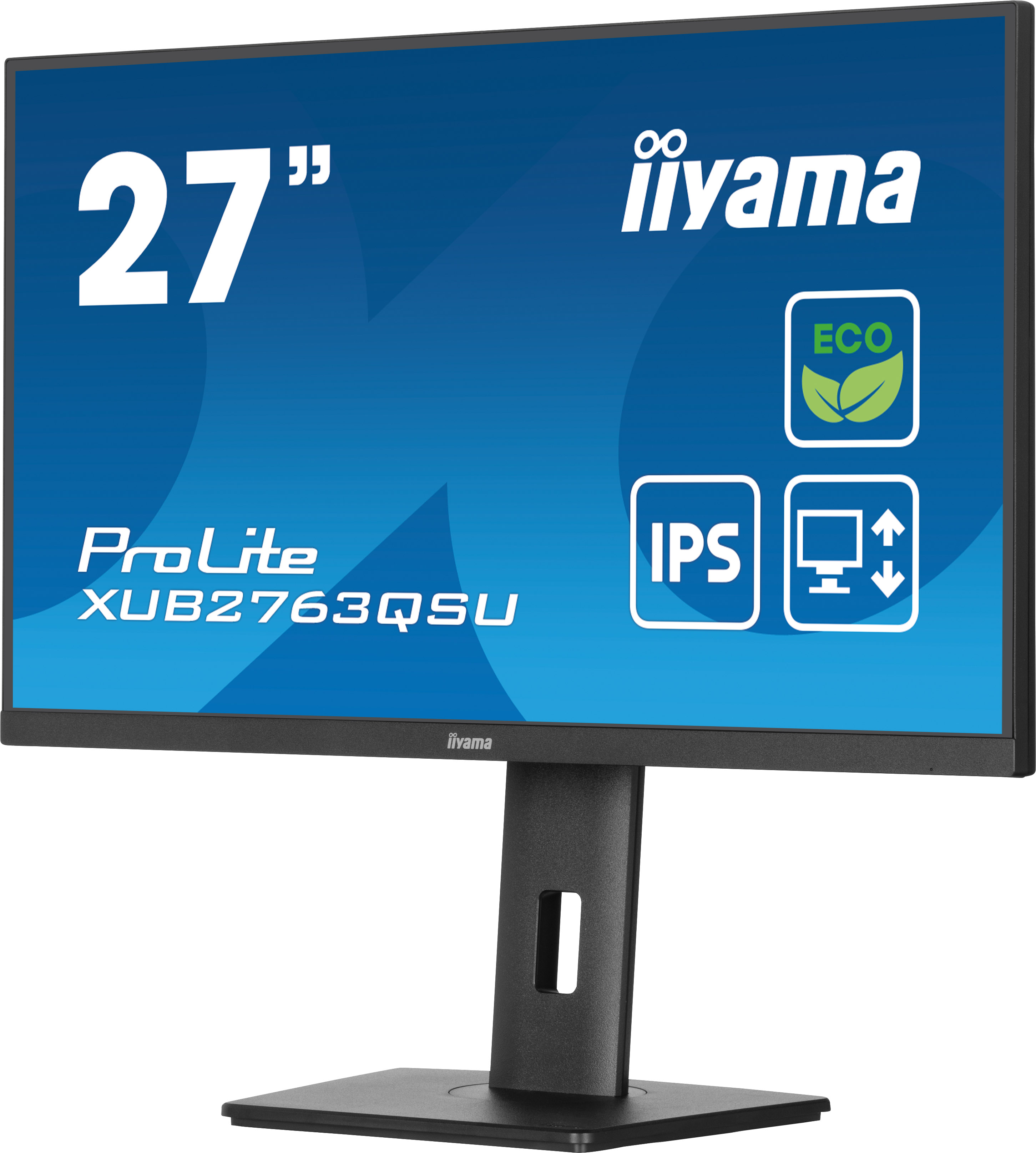 Czarny monitor Iiyama z niebieskim ekranem wyświetlającym tekst i ikony. Podstawa jest czarna.