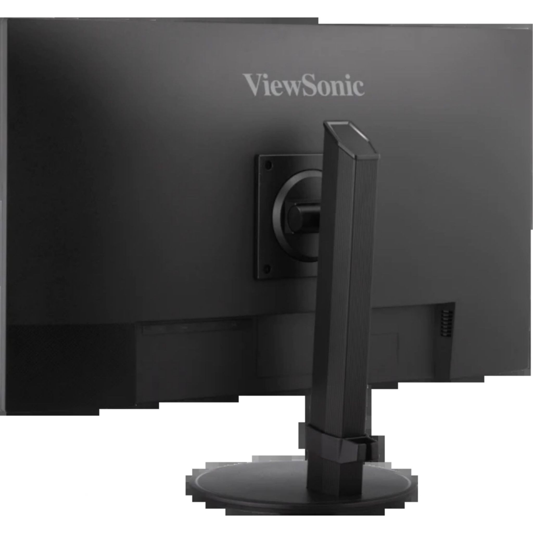Il retro di un monitor ViewSonic. È nero con un supporto e il nome dell'azienda in alto.