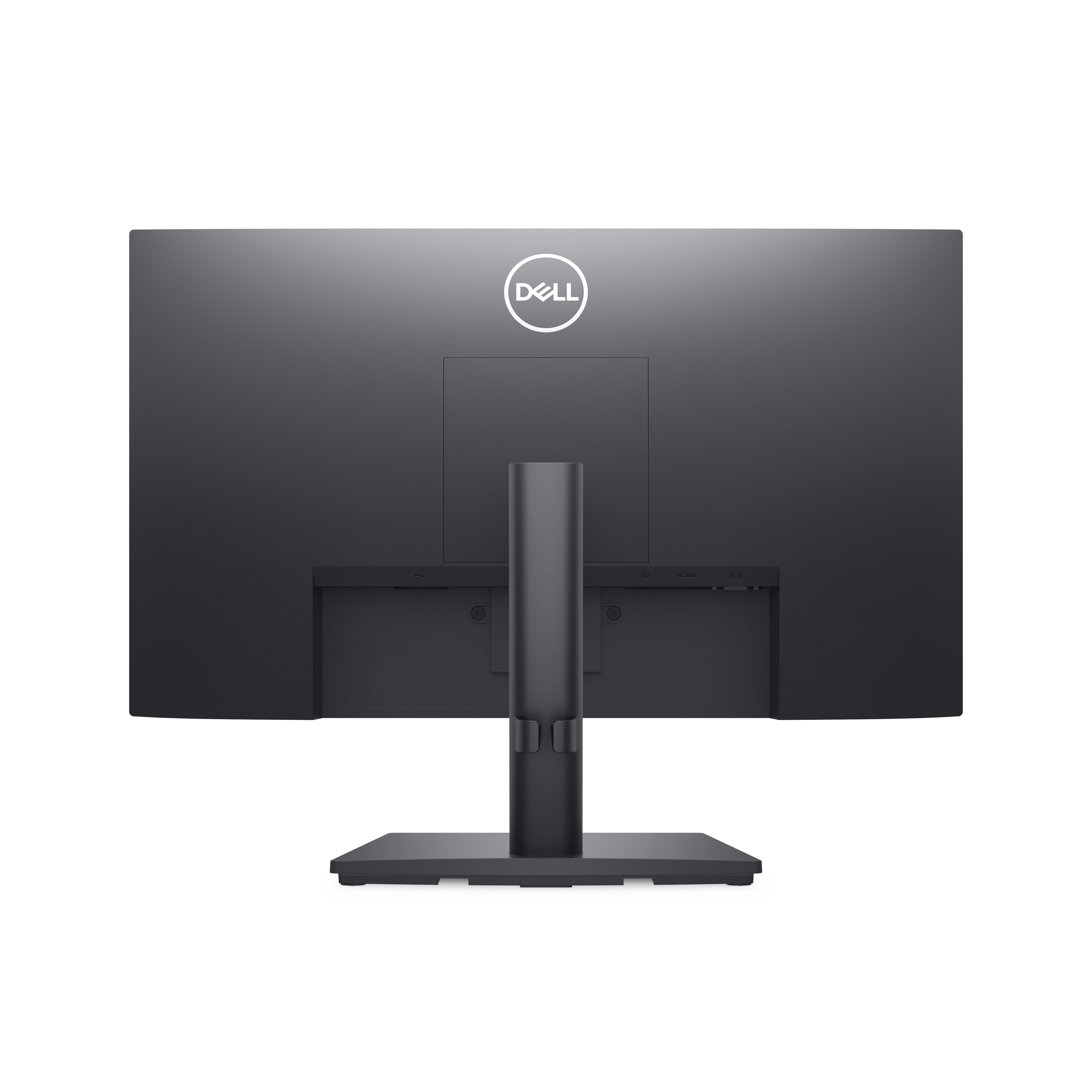 La parte trasera de un monitor Dell negro sobre un fondo blanco con puertos HDMI y VGA visibles.