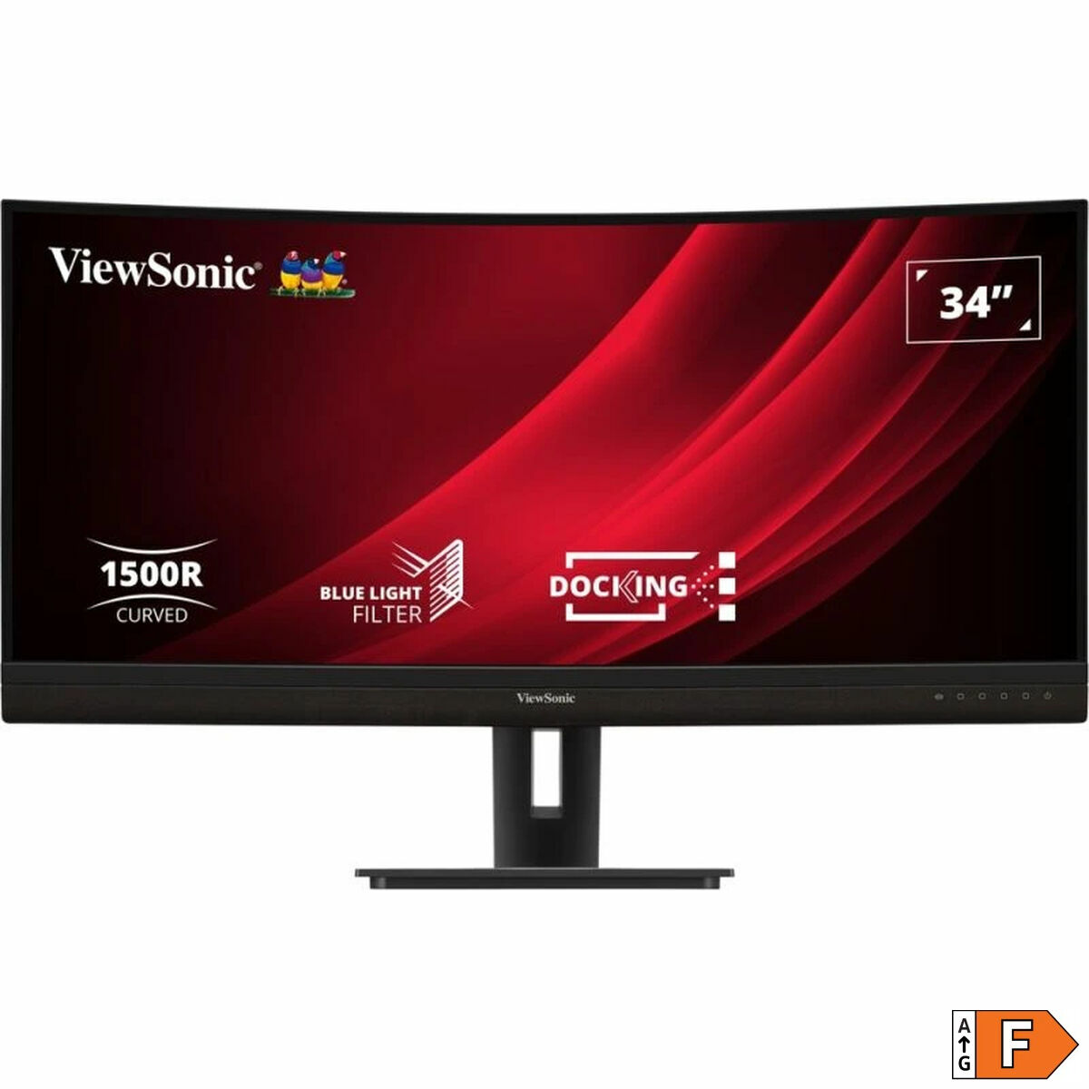 Zakrzywiony monitor ViewSonic z czerwonym tłem, filtrem światła niebieskiego i czarną podstawą.