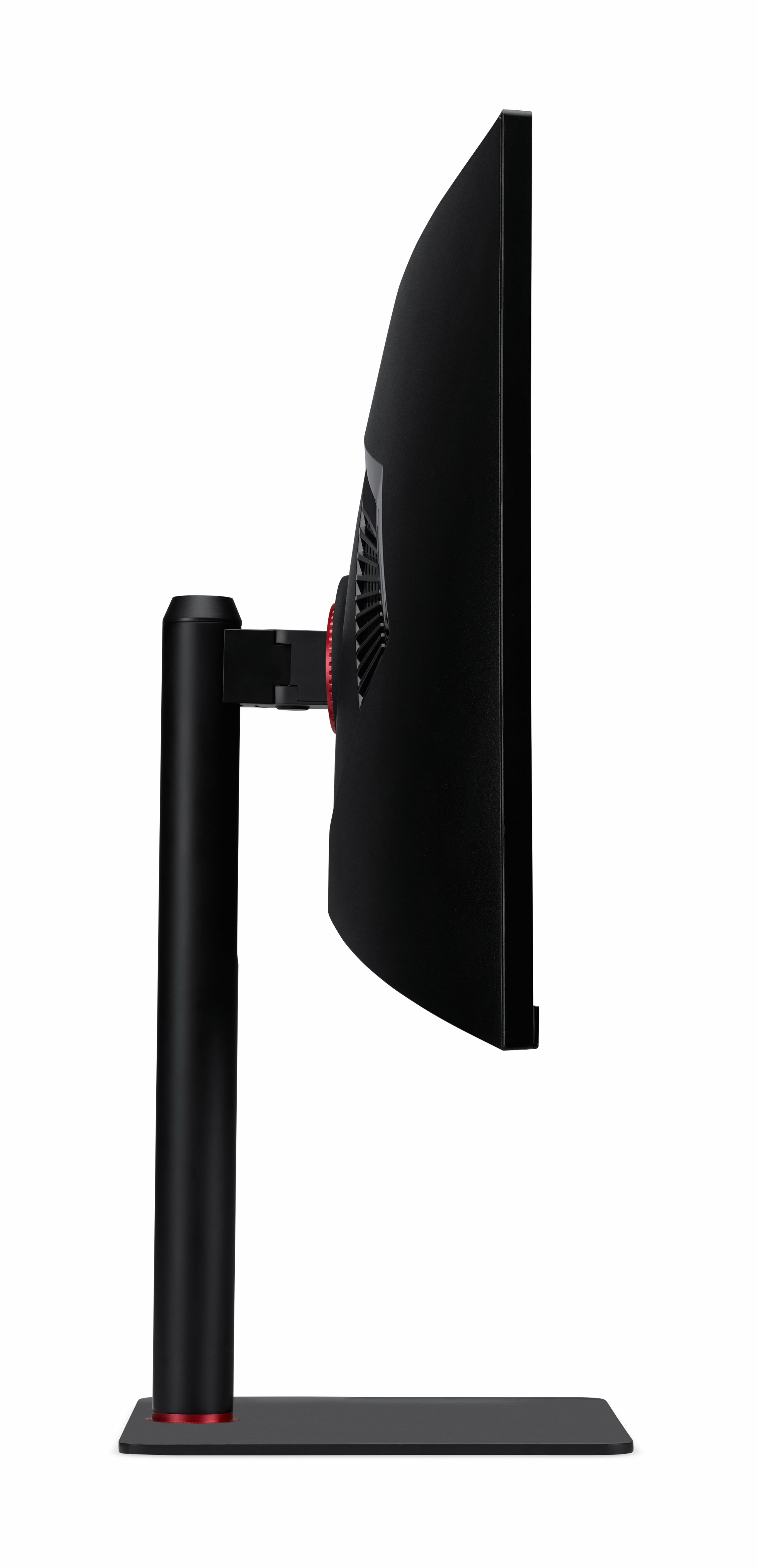 Czarny monitor komputera z boku. Ma czarną podstawę.