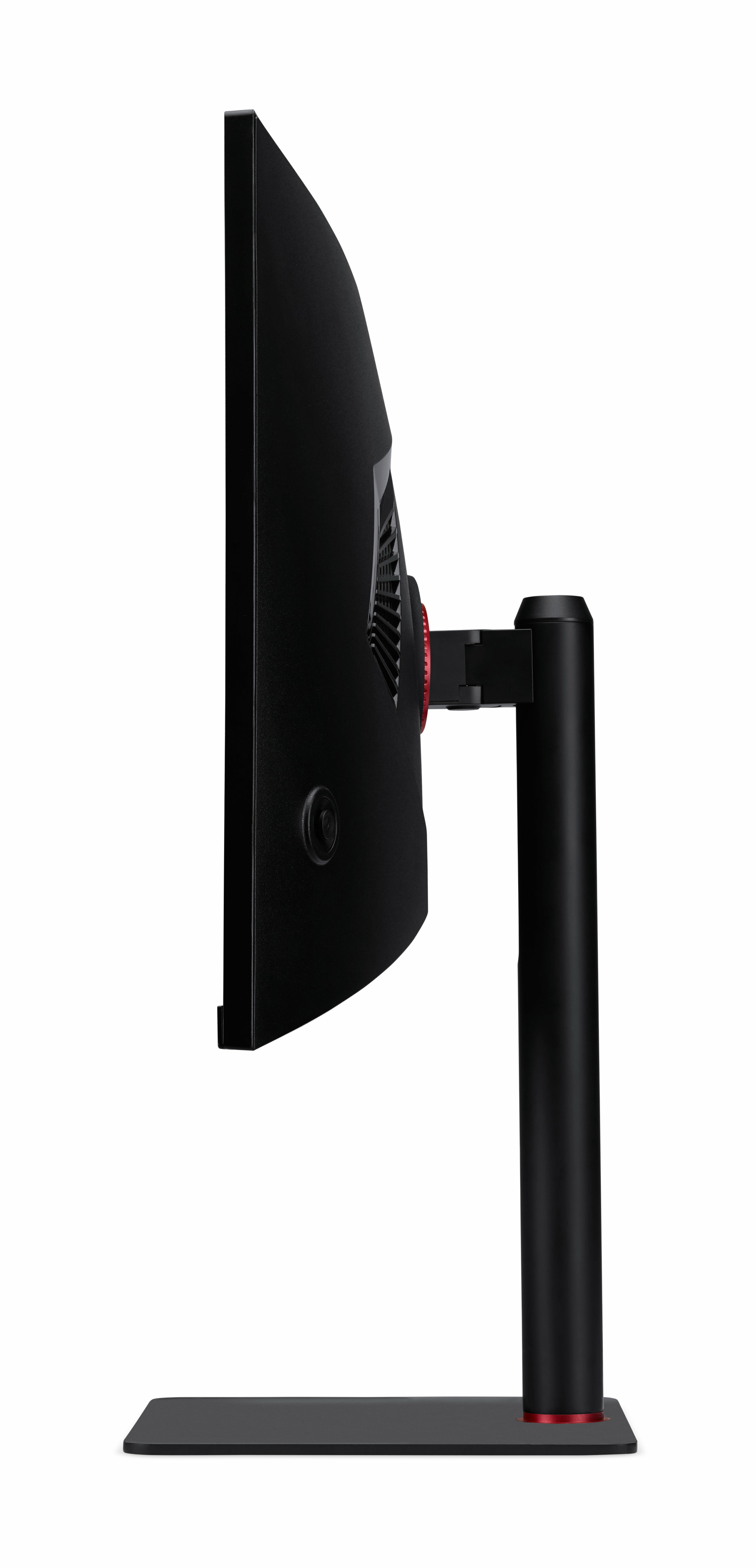 Widok z boku monitora. Czarny ekran i stojak z czerwonymi akcentami. Białe tło.
