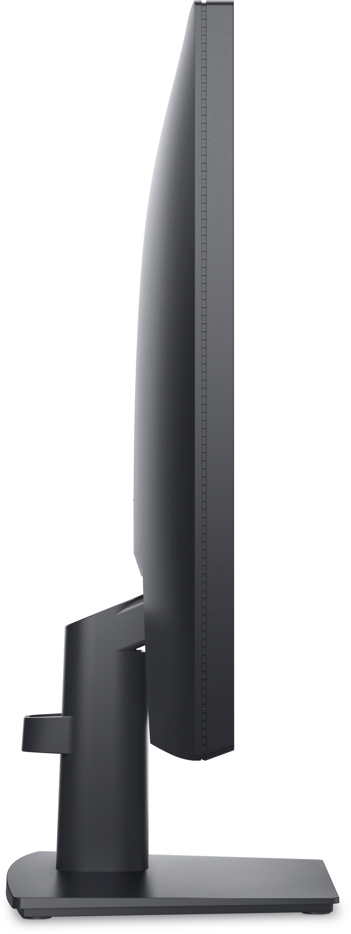 Vista laterale di un monitor nero, che mostra il profilo e il supporto.