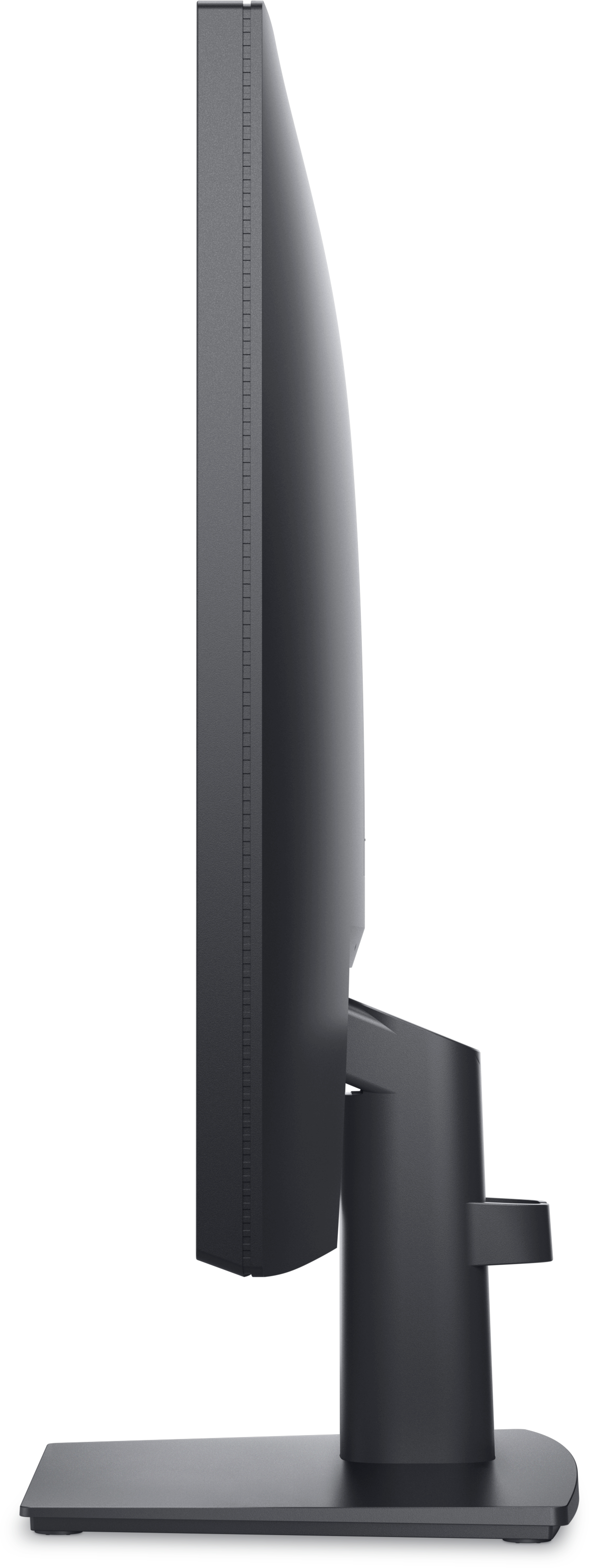 Un monitor Dell di lato. È nero con un supporto, su sfondo bianco.