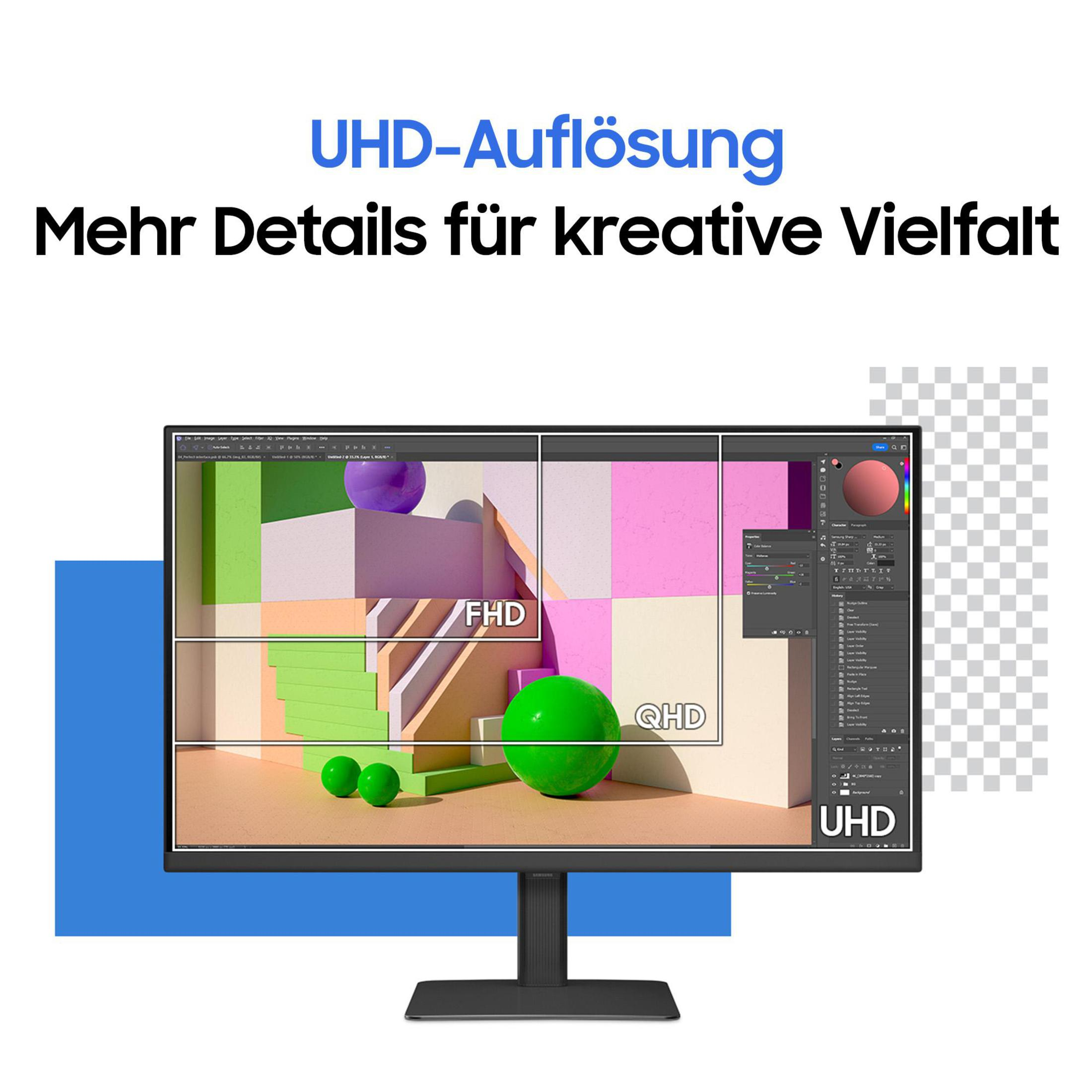 Monitor komputera wyświetlający interfejs projektowania graficznego, z tekstem o rozdzielczości UHD.