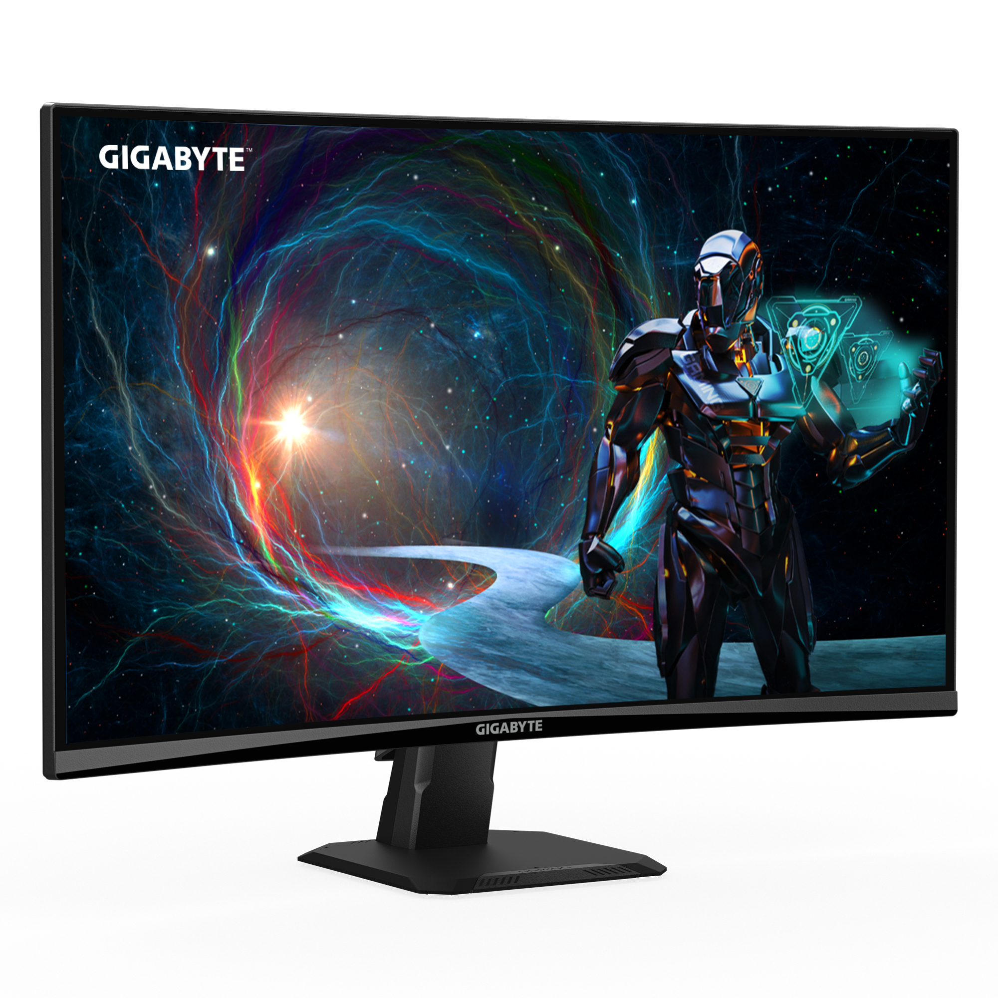 Monitor do gier Gigabyte pokazujący futurystyczną scenę. Monitor ma zakrzywiony ekran i czarną ramkę.