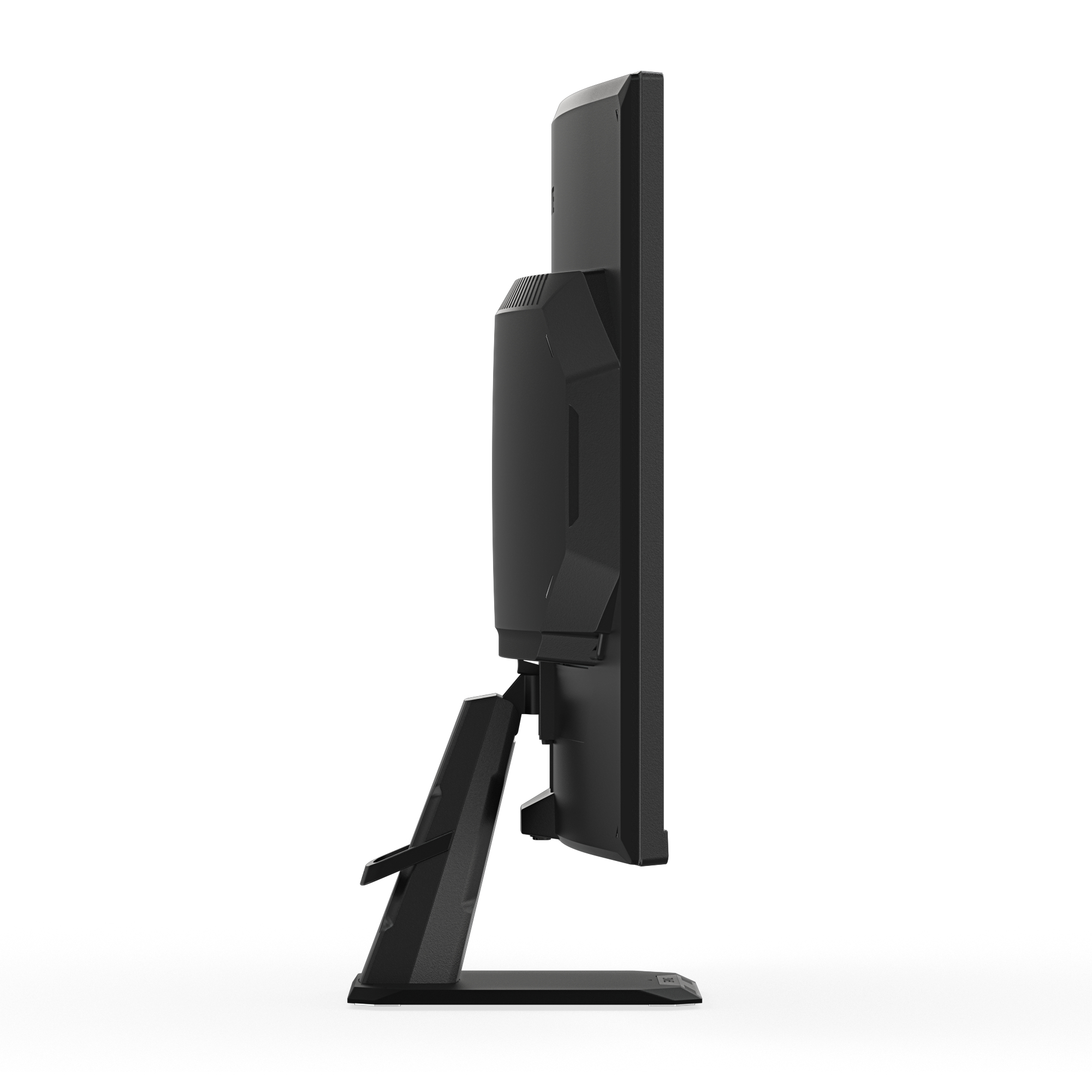 Widok z boku czarnego monitora z grubą ramką, ukośną podstawą i białym tłem.
