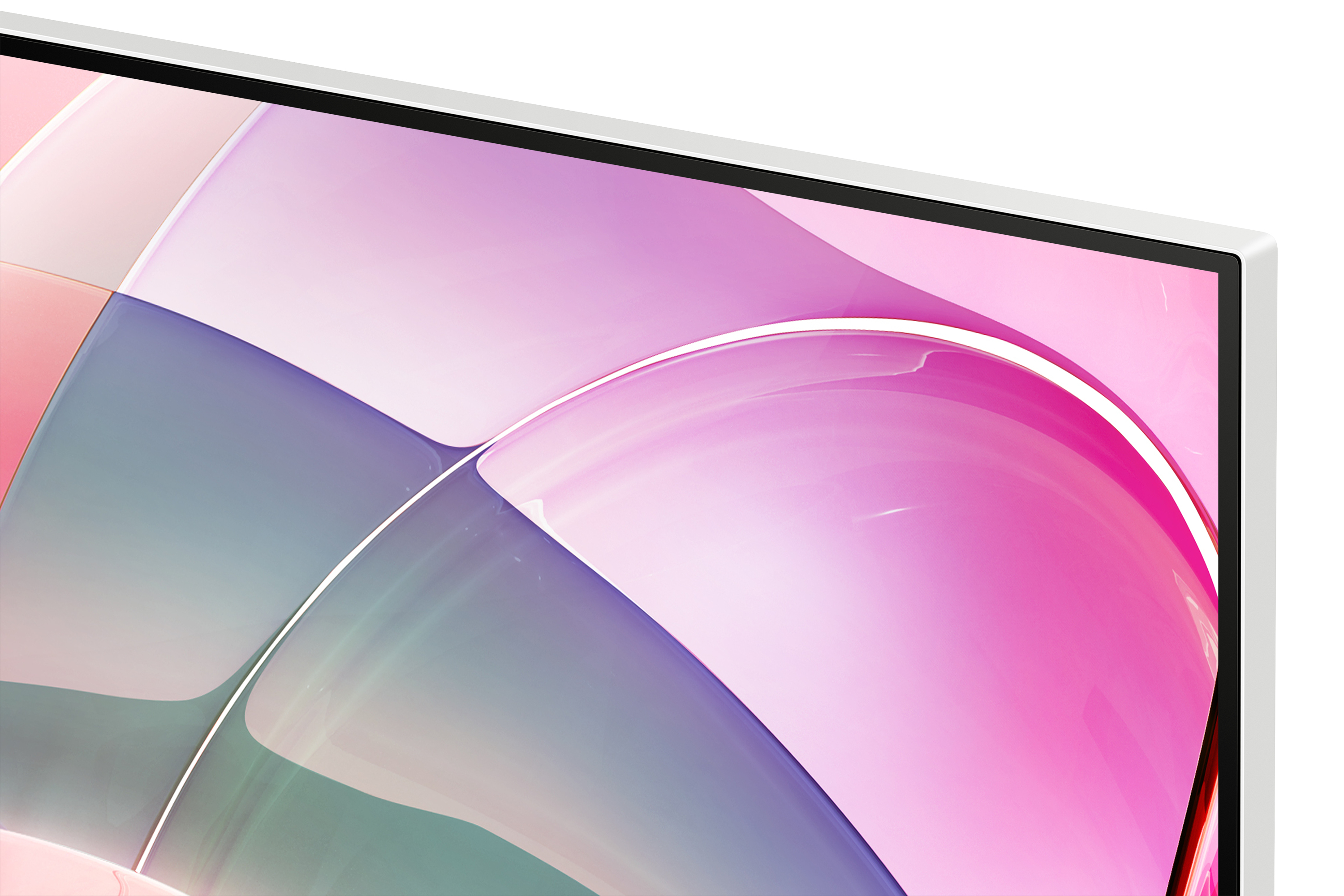 Biały ekran monitora wyświetlający kolorowy abstrakcyjny wzór z białą ramką.