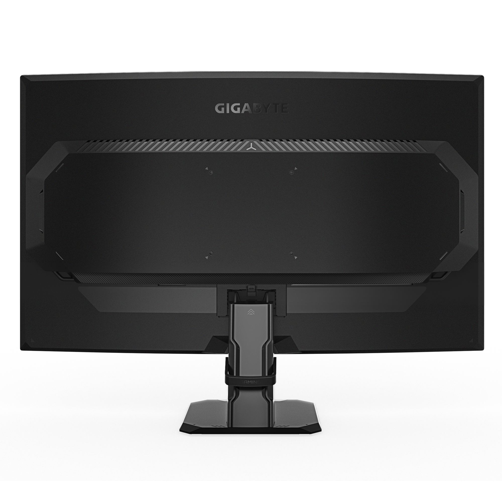Widok z tyłu czarnego monitora Gigabyte z unikalną konstrukcją podstawy.