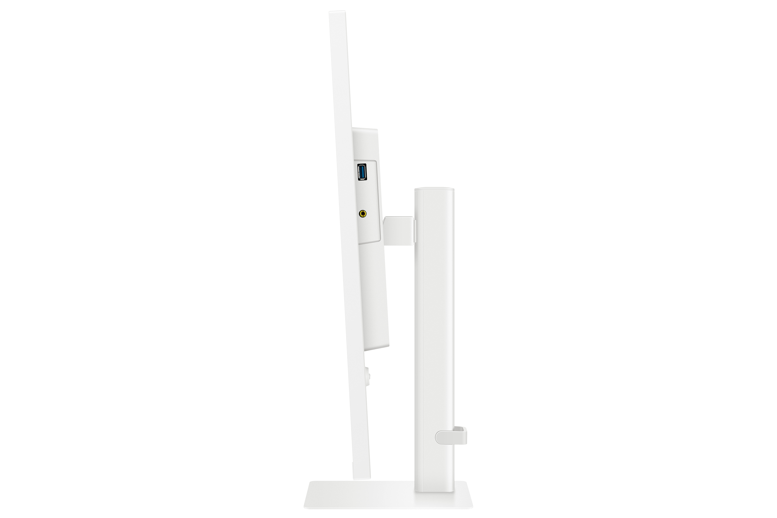 Biały monitor z boku, pokazujący podstawę i porty. Białe tło.