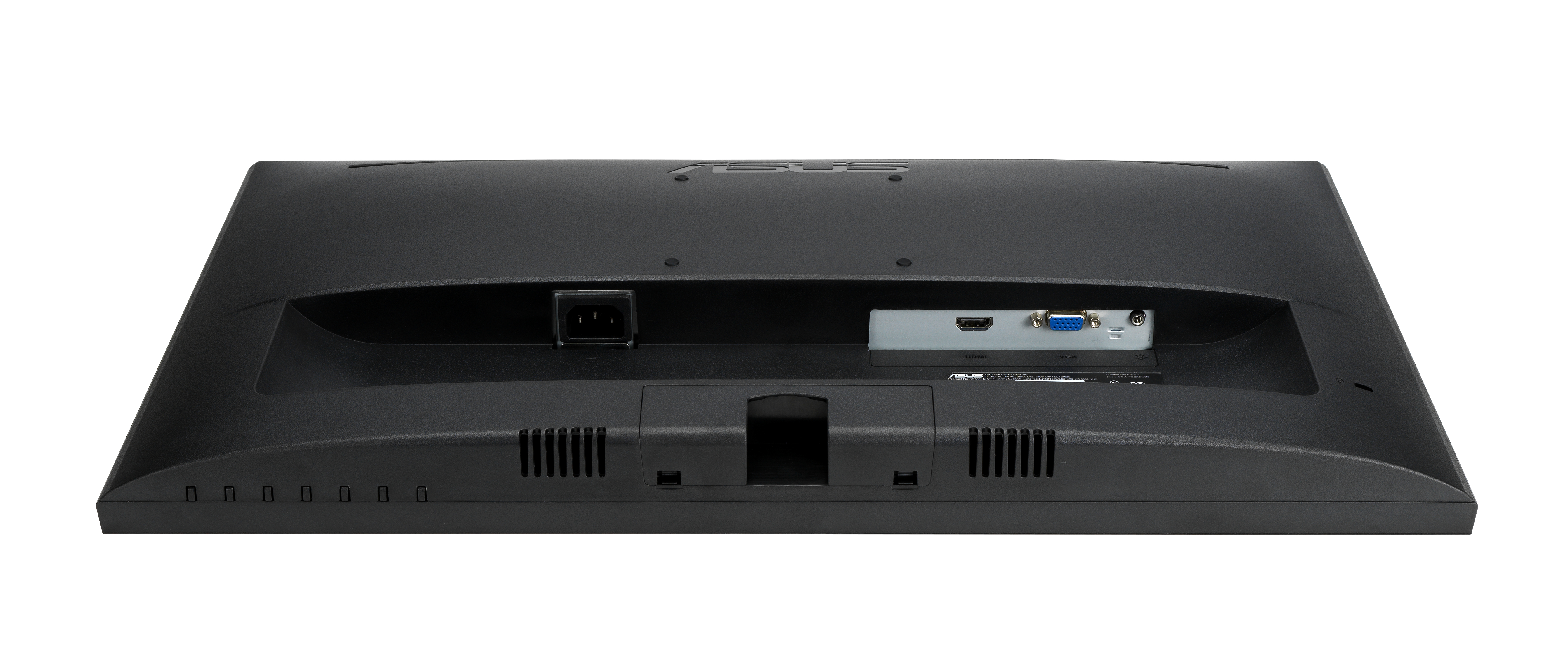 Rear view of a black computer monitor with ports and connection points.