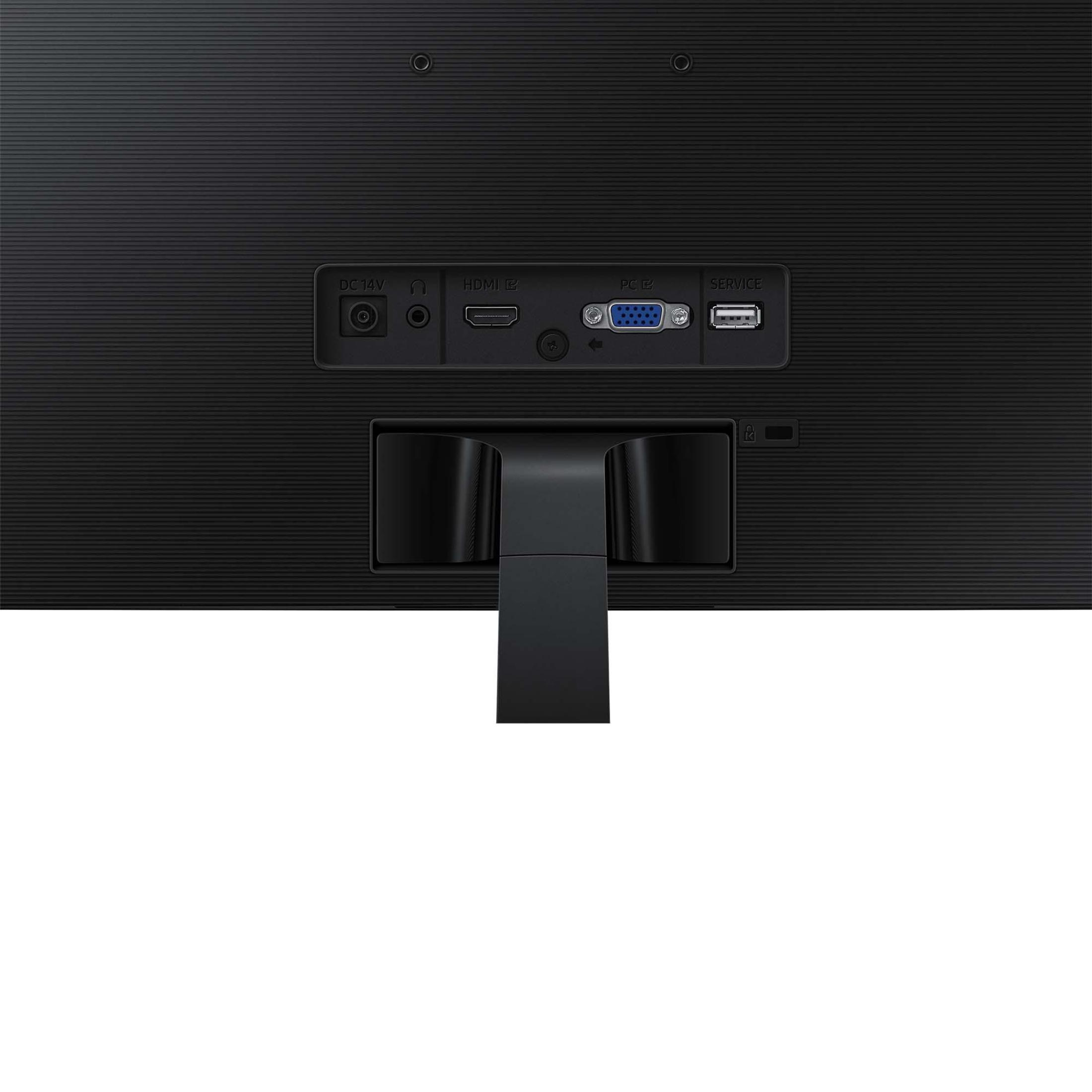 Zbliżenie tylnej części czarnego monitora z różnymi portami: DC 14V, HDMI, PC/VGA, Service i USB.