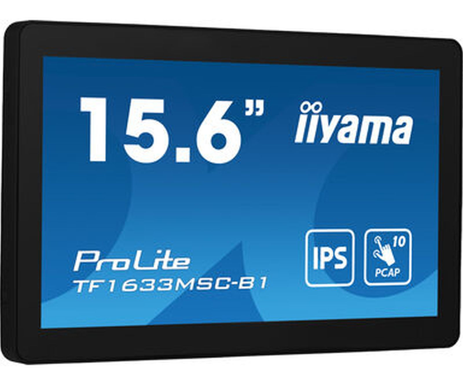 Czarny tablet z niebieskim ekranem wyświetlającym tekst. Tekst: 15.6" iiyama ProLite TF1633MSC-B1.