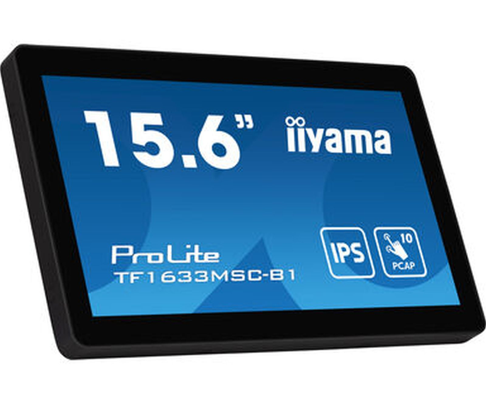 Monitor 15,6" Iiyama, czarna ramka, niebieski ekran z białym tekstem.