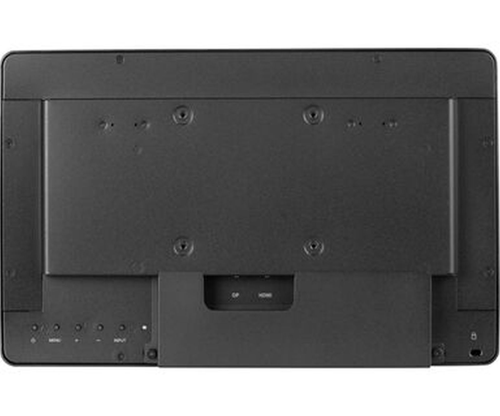 Widok z tyłu czarnego monitora z portami i mocowaniem.