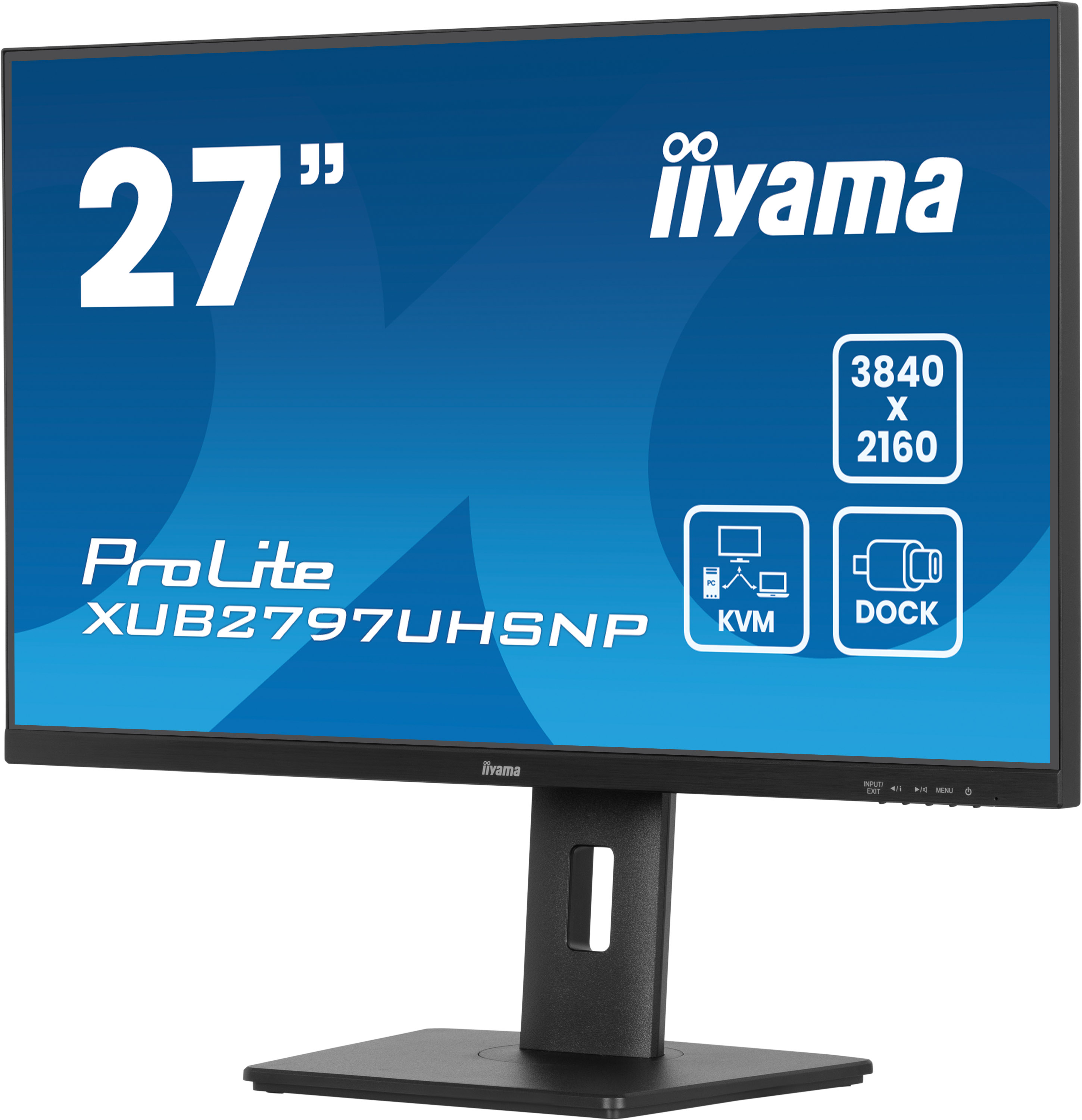 A 27-inch iiyama monitor. Features include KVM and dock. Blue screen with white text.