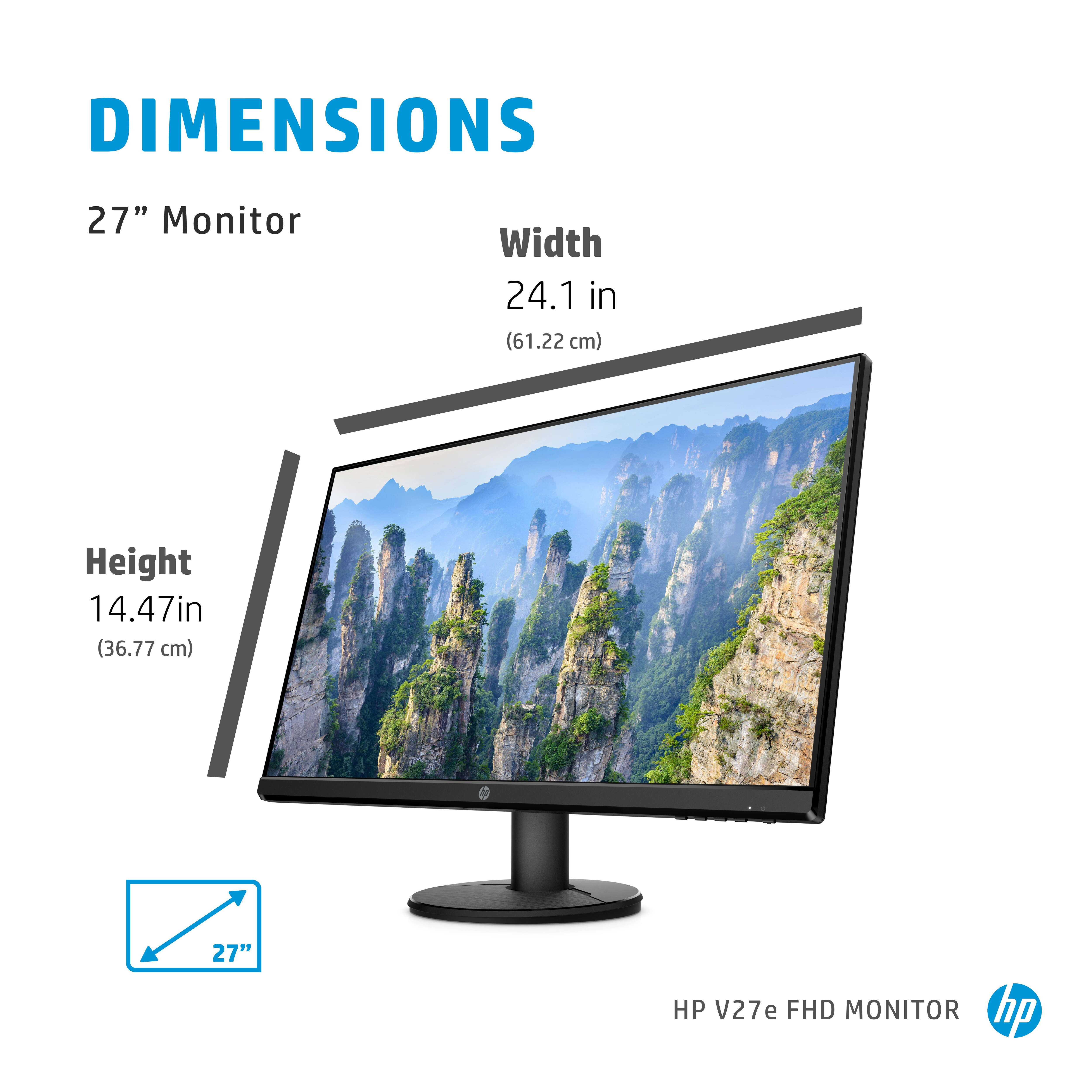 Un monitor de 27 pulgadas con dimensiones etiquetadas, mostrando un paisaje montañoso.