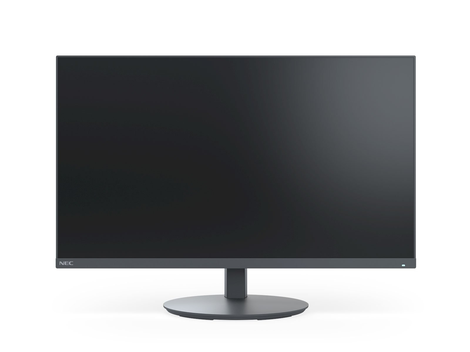 Monitor NEC nero con supporto nero su sfondo bianco.