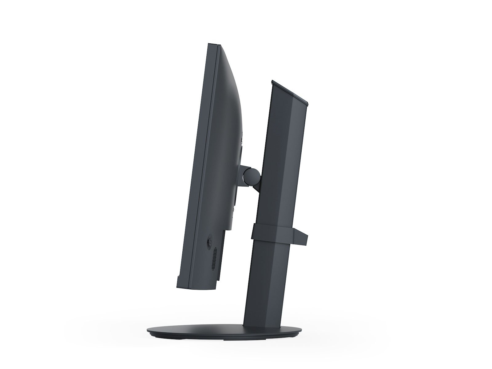 Vista laterale di un monitor nero, che mostra lo schermo e il supporto in posizione angolata.