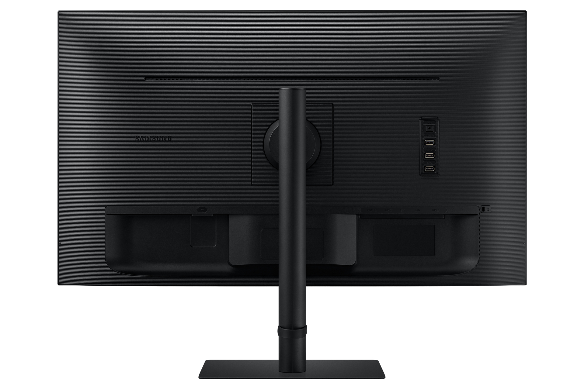 Vista posteriore di un monitor nero. Il monitor ha un supporto e porte per la connettività.